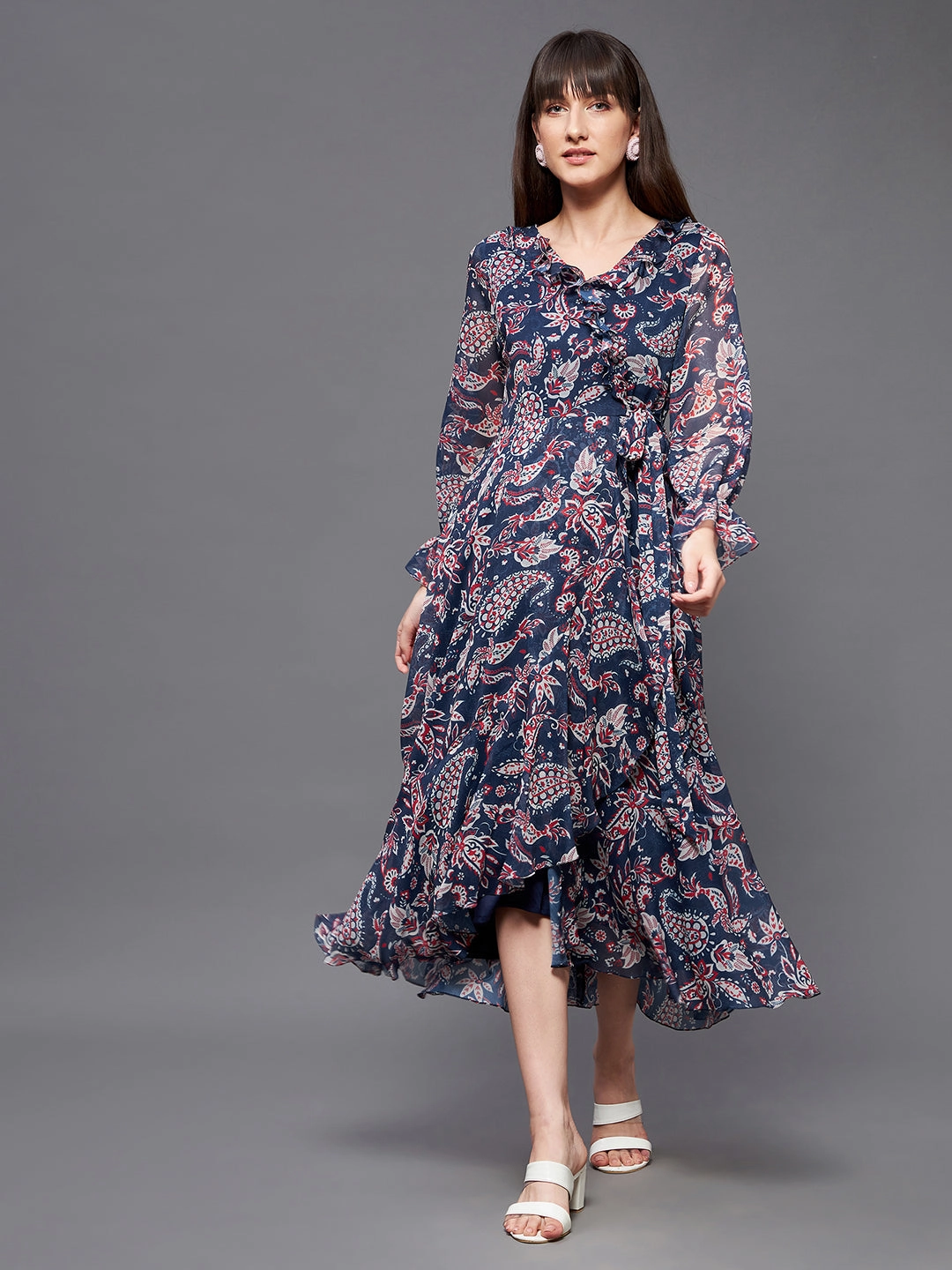 Free Step Women's Multicolored-Base-Navy Blue V Neck Full Sleeves Polyester Relaxed Fit Midi Length Dress