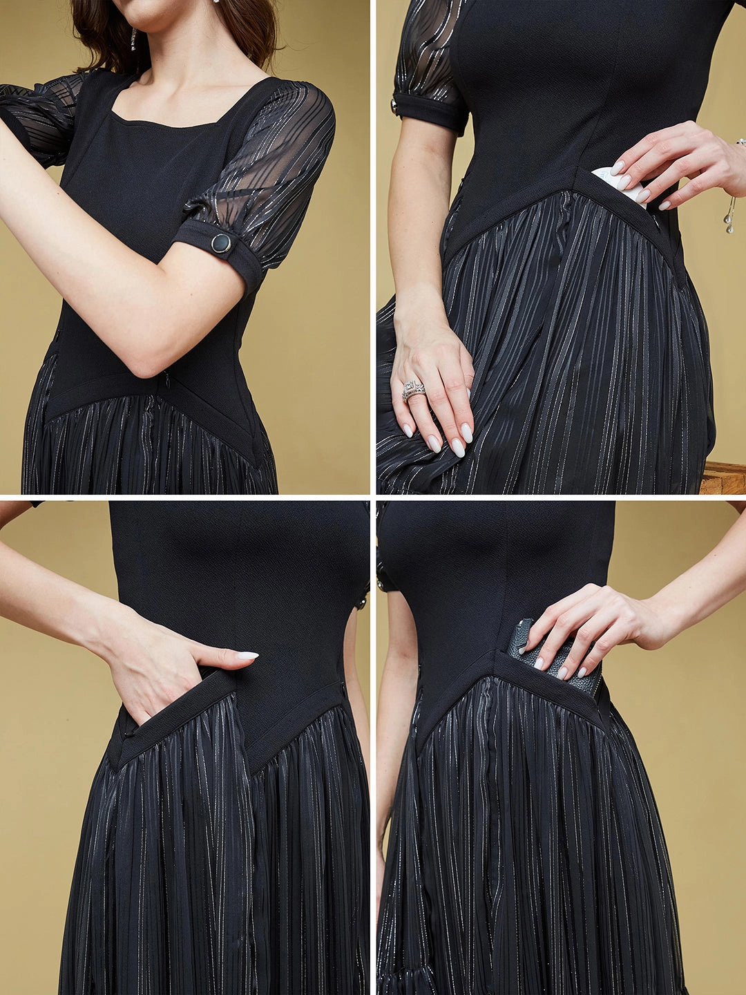 Women's Black Solid Square Neck Half Sleeve Polyester Asymmetric Ankle Length Dress Climate-Adaptive