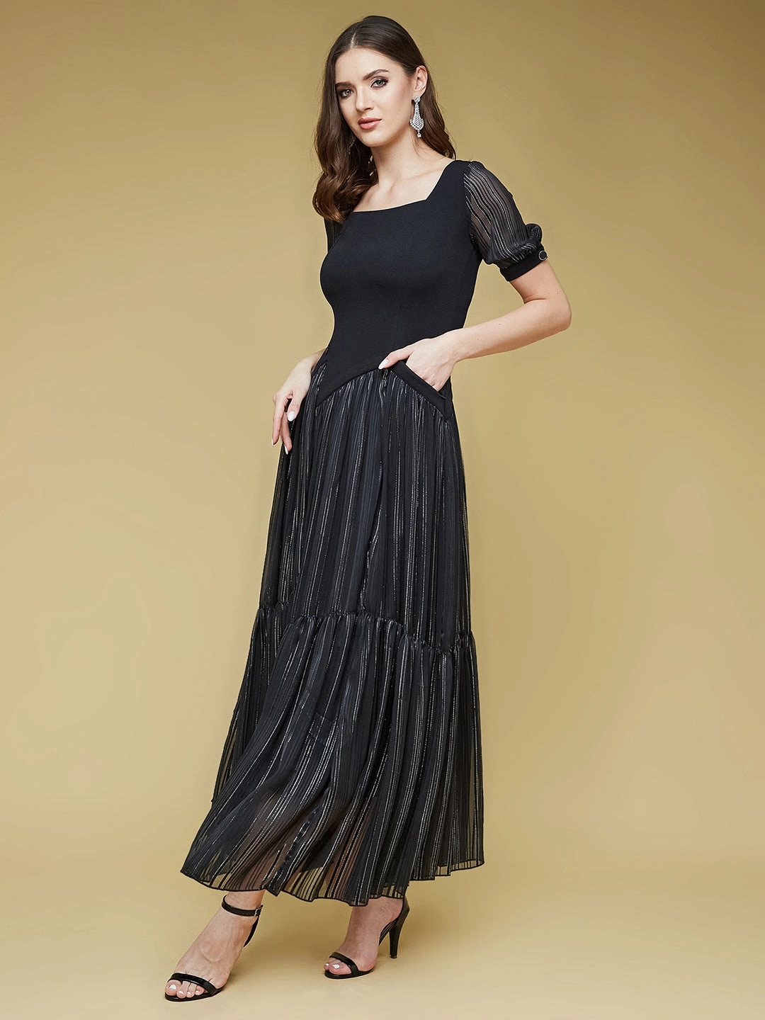 Women's Black Solid Square Neck Half Sleeve Polyester Asymmetric Ankle Length Dress Comfortable office piece