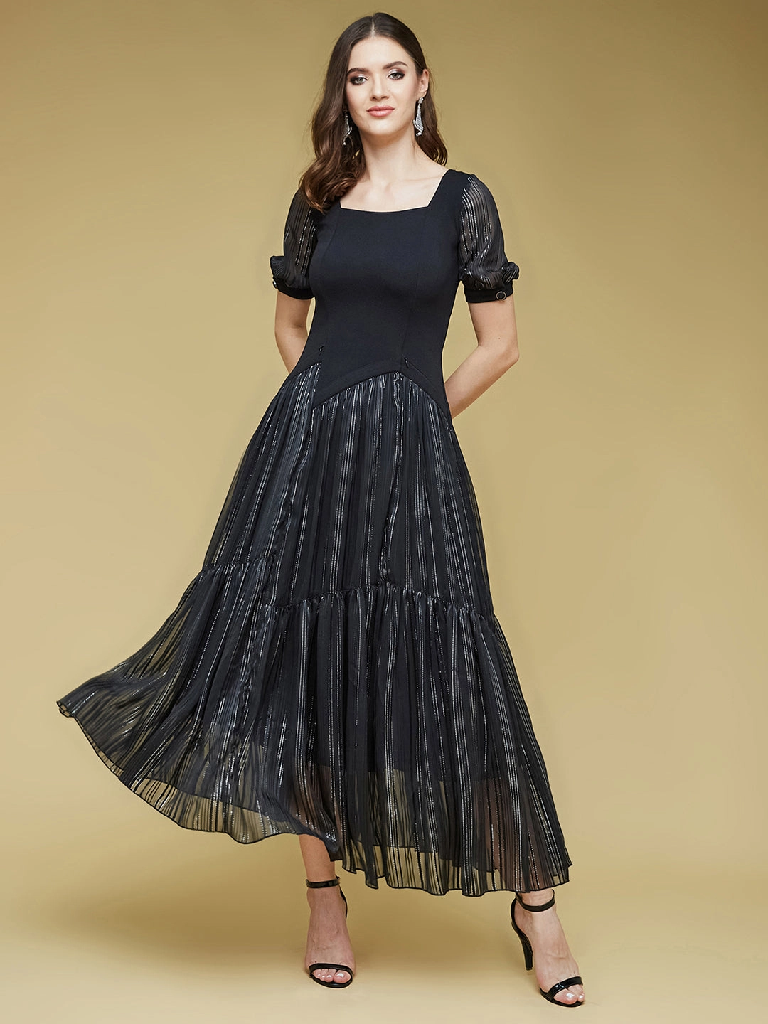 Satin Glow Women's Black Solid Square Neck Half Sleeve Polyester Asymmetric Ankle Length Dress