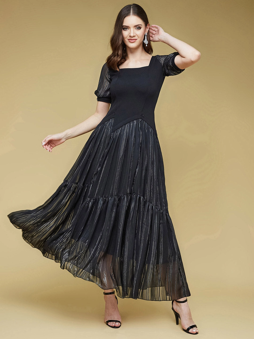Women's Black Solid Square Neck Half Sleeve Polyester Asymmetric Ankle Length Dress Casual Style Wear