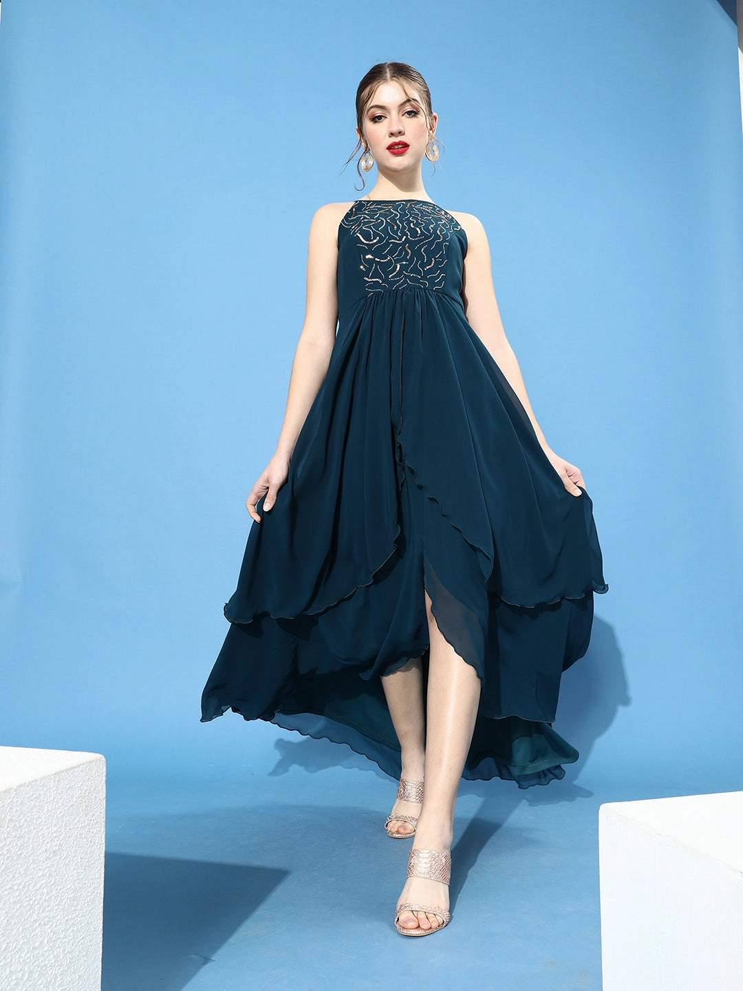 Weekend Ready Crisp Finish Women's Teal Round Neck Sleeveless Sequined Party Maxi Dress