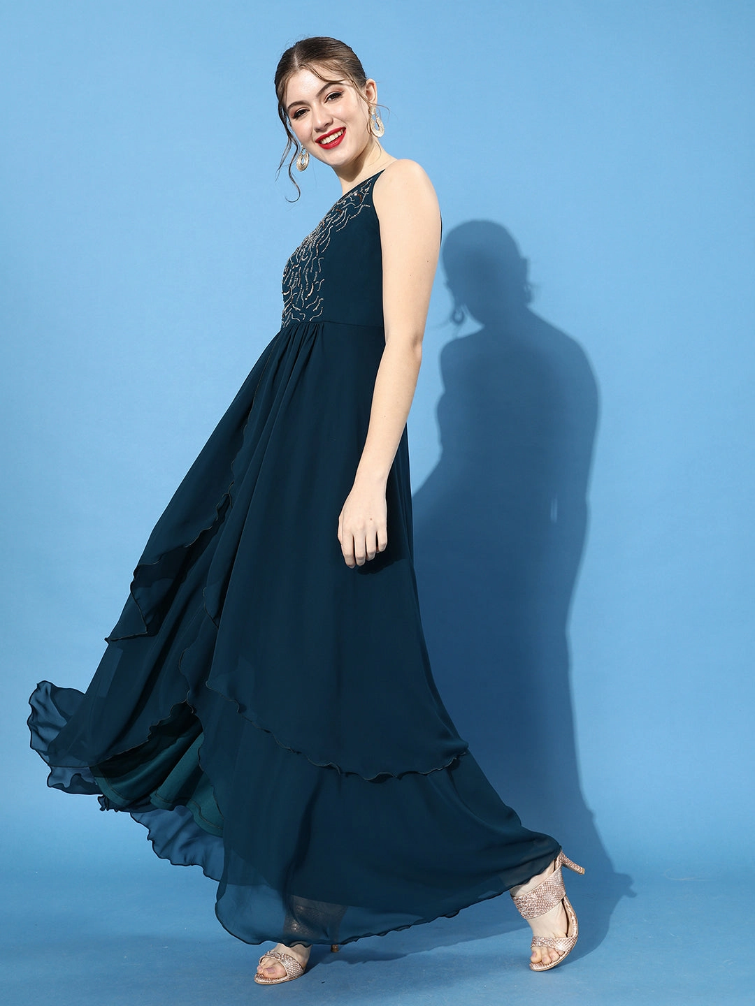 Fresh Energy Calm Flow Women's Teal Round Neck Sleeveless Sequined Party Maxi Dress