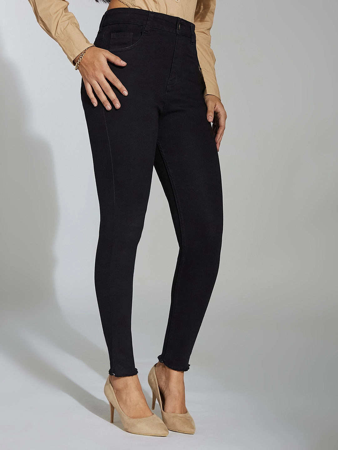 24/7 Comfort Black Skinny Fringed Detailing High-Rise Cropped Stretchable Denim Jeans Stretch Holiday Vibes Streetwear Fan