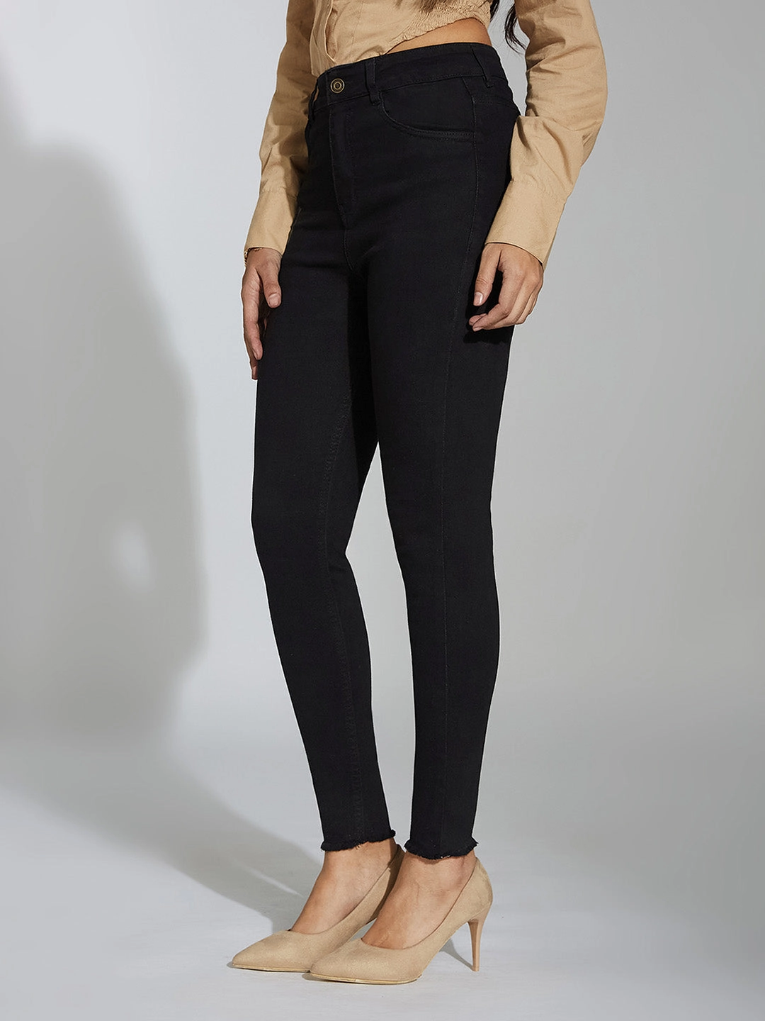Timeless Comfort 24/7 Comfort Black Skinny Fringed Detailing High-Rise Cropped Stretchable Denim Jeans