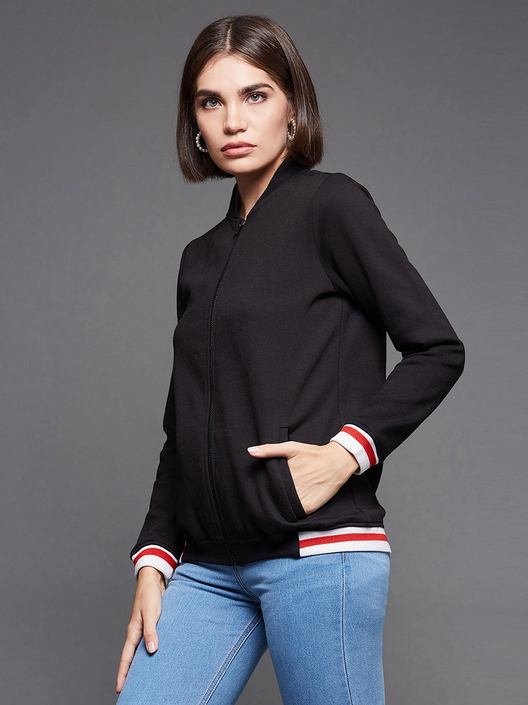 Nylon Shell Construction Women's Black V-Neck Full Sleeve Solid Fleece Multicolored Rib Detailing Zippered Bomber Jacket