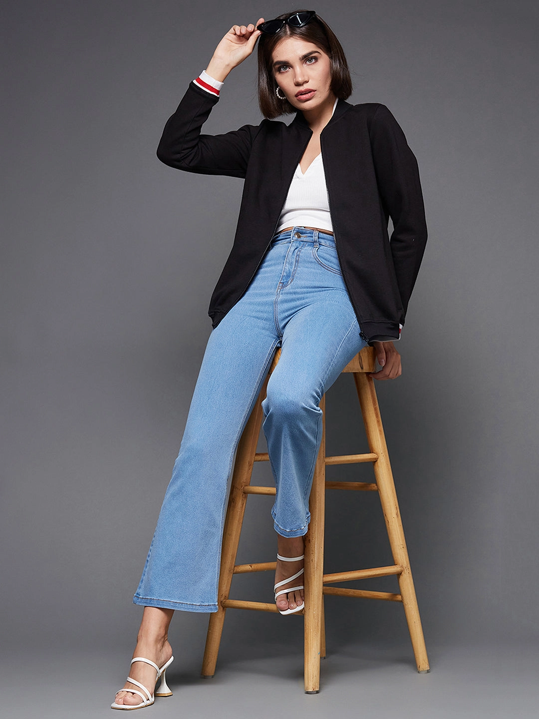 Women's Black V-Neck Full Sleeve Solid Fleece Multicolored Rib Detailing Zippered Bomber Jacket BondedSeams