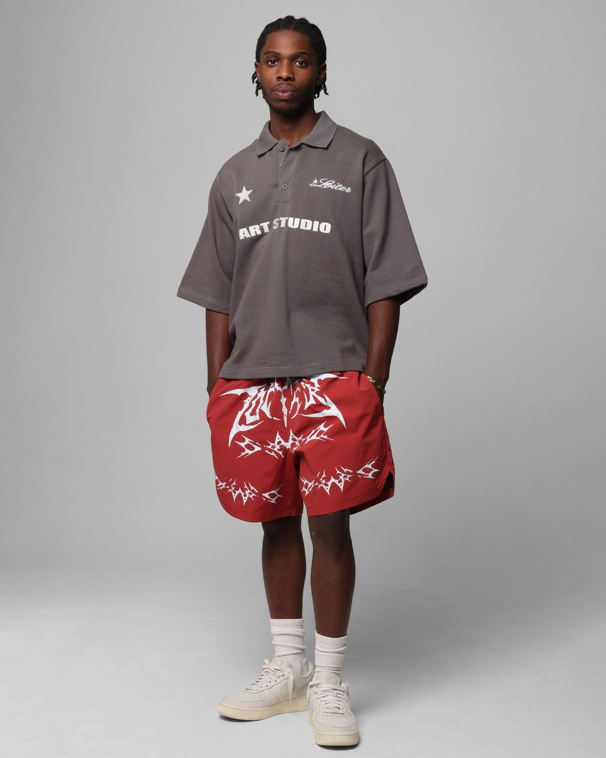 Relax Fit Design Layered Style Loiter Stacked Metal Walk Shorts Burgandy