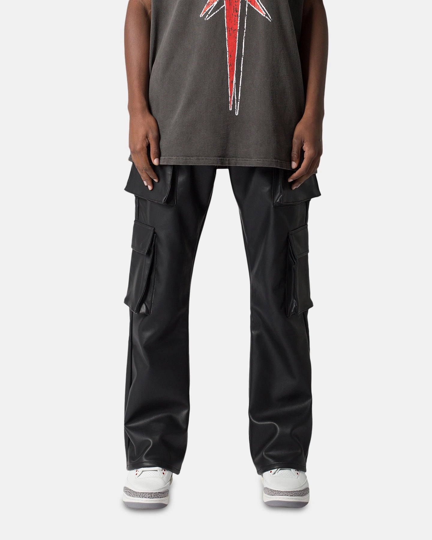 MNML Leather Double Snap Cargo Pants Black Multipurpose Design HypoallergenicMaterial