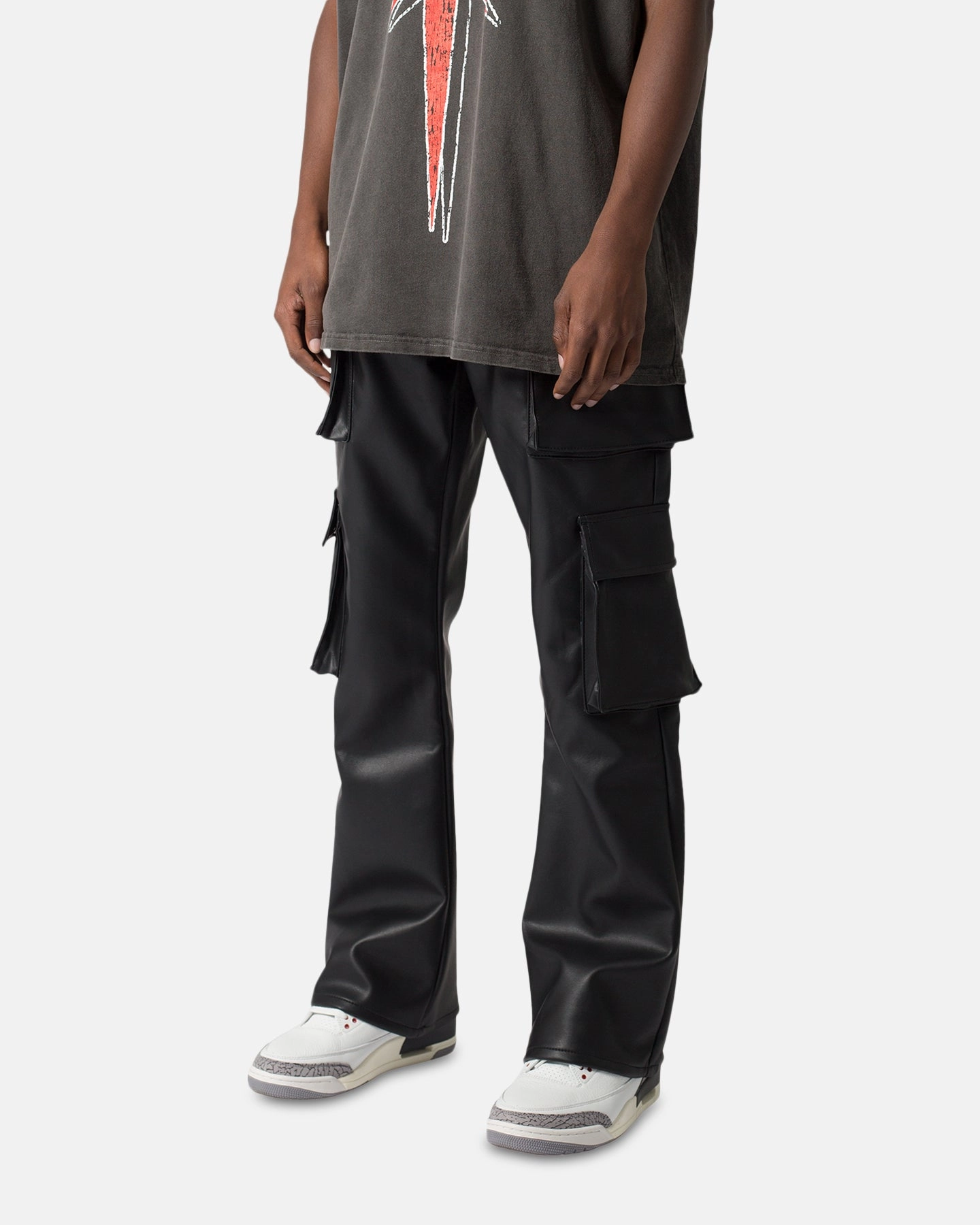 Casual Fit MNML Leather Double Snap Cargo Pants Black