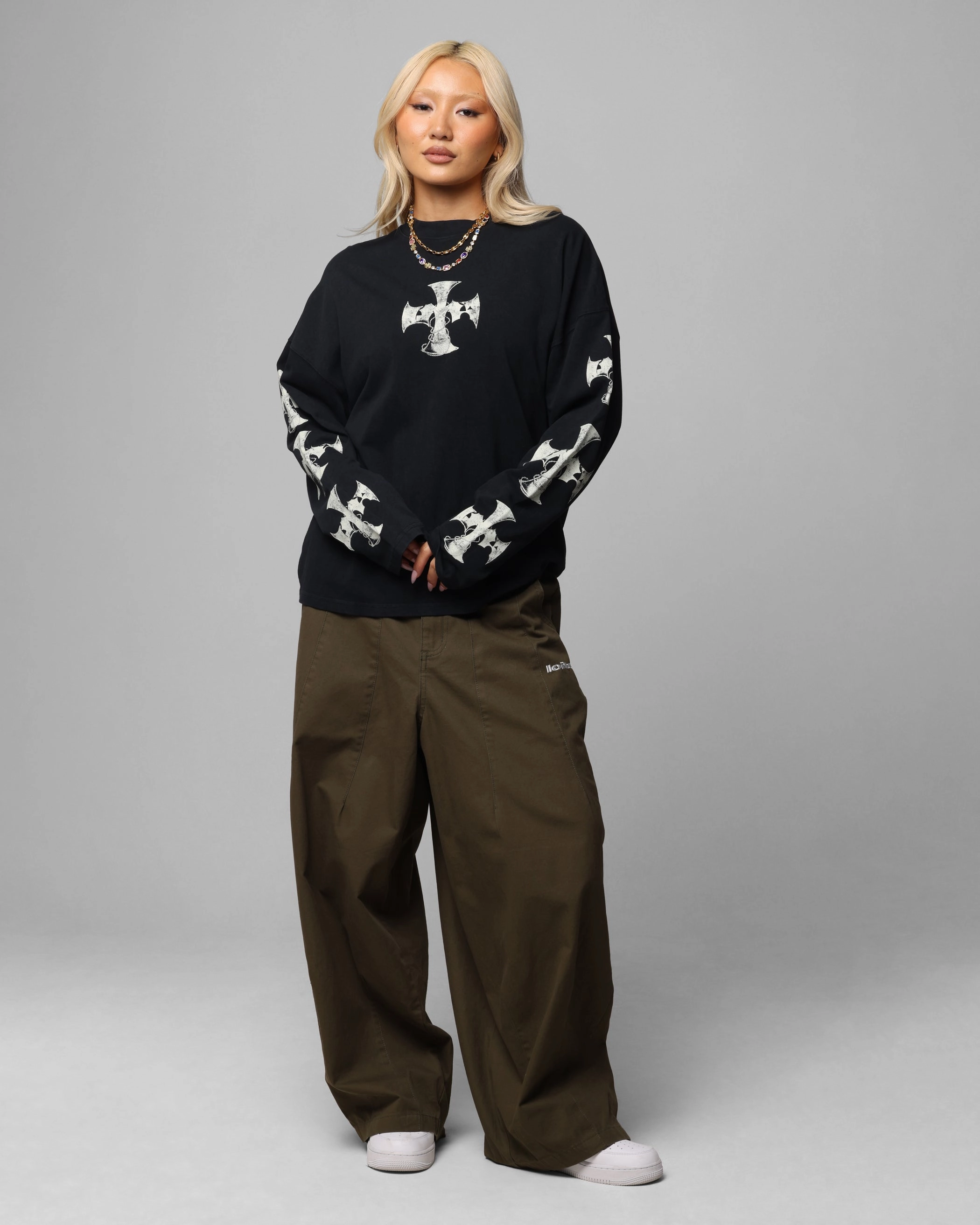 Loiter Cross Long Sleeve T-Shirt Black Acidwash Raw Edge Finish