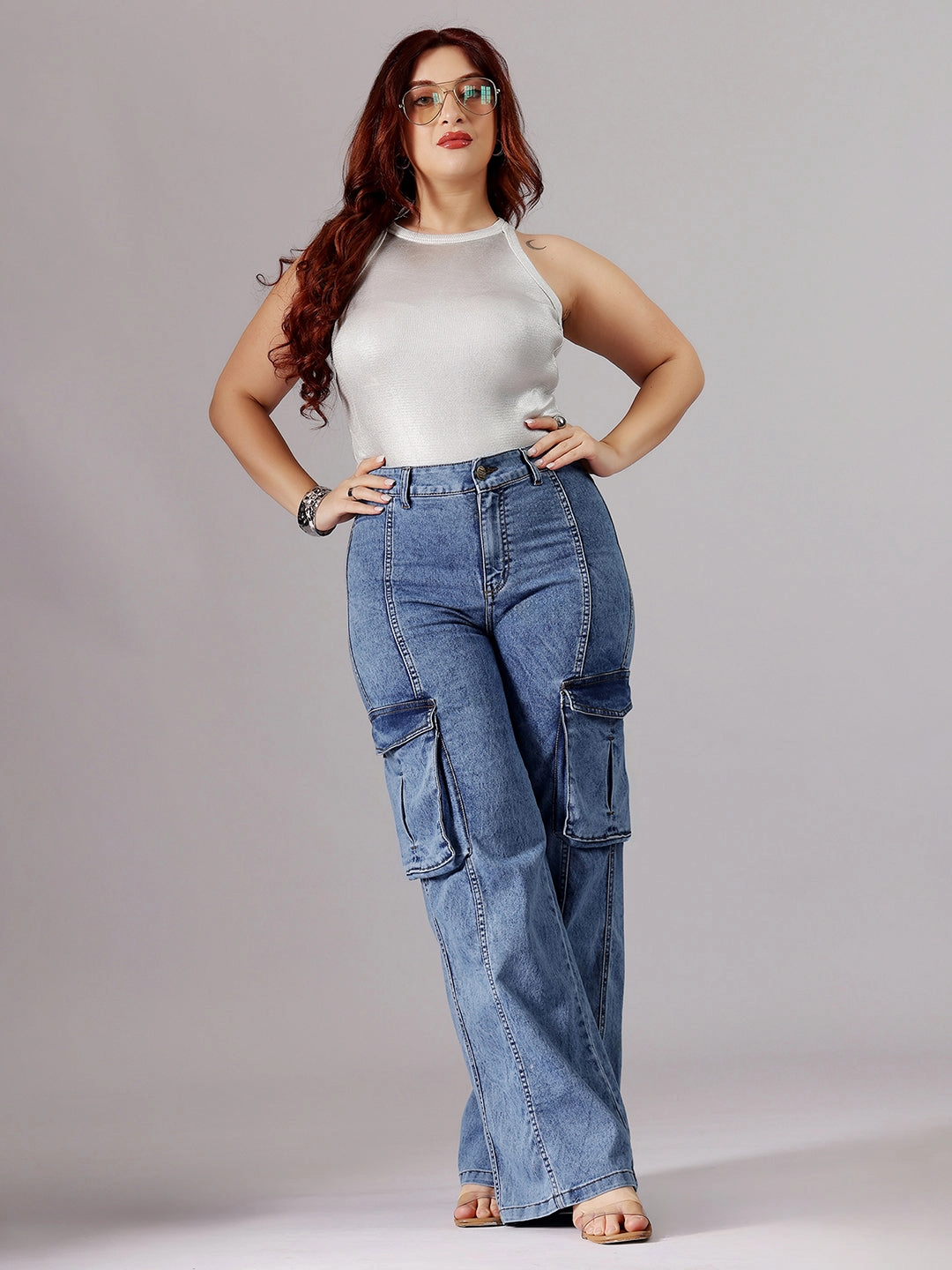 24/7 Comfort Blue Wide-Leg High-Rise Clean-Look Regular-Length Stretchable Patch-Pocketed Denim Jeans Premium Material