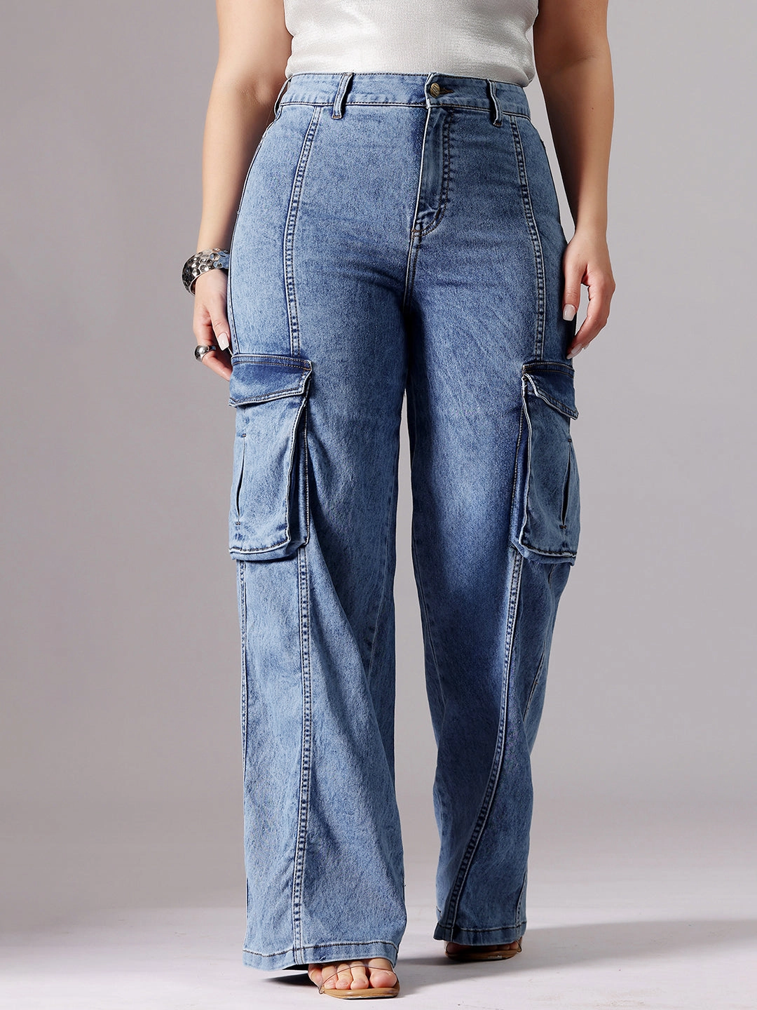 Classic Weekend Getaway 24/7 Comfort Blue Wide-Leg High-Rise Clean-Look Regular-Length Stretchable Patch-Pocketed Denim Jeans