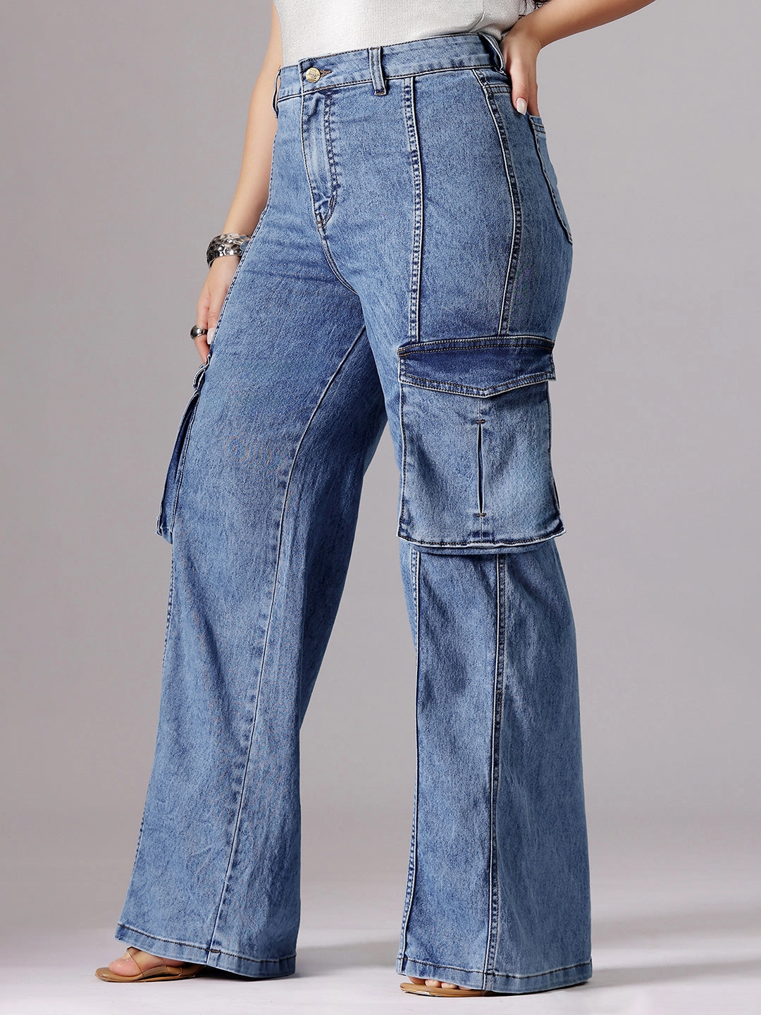 Clean Silhouette Stylish Casual 24/7 Comfort Blue Wide-Leg High-Rise Clean-Look Regular-Length Stretchable Patch-Pocketed Denim Jeans