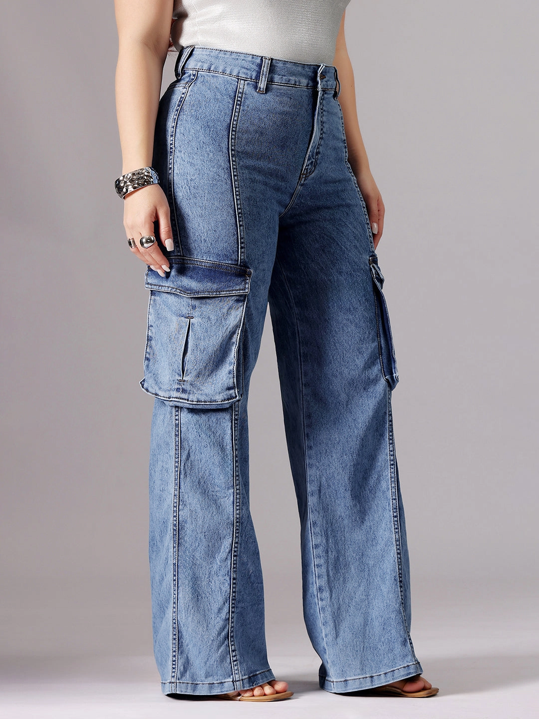 24/7 Comfort Blue Wide-Leg High-Rise Clean-Look Regular-Length Stretchable Patch-Pocketed Denim Jeans Outdoor Adventure Earthy Sleek Design