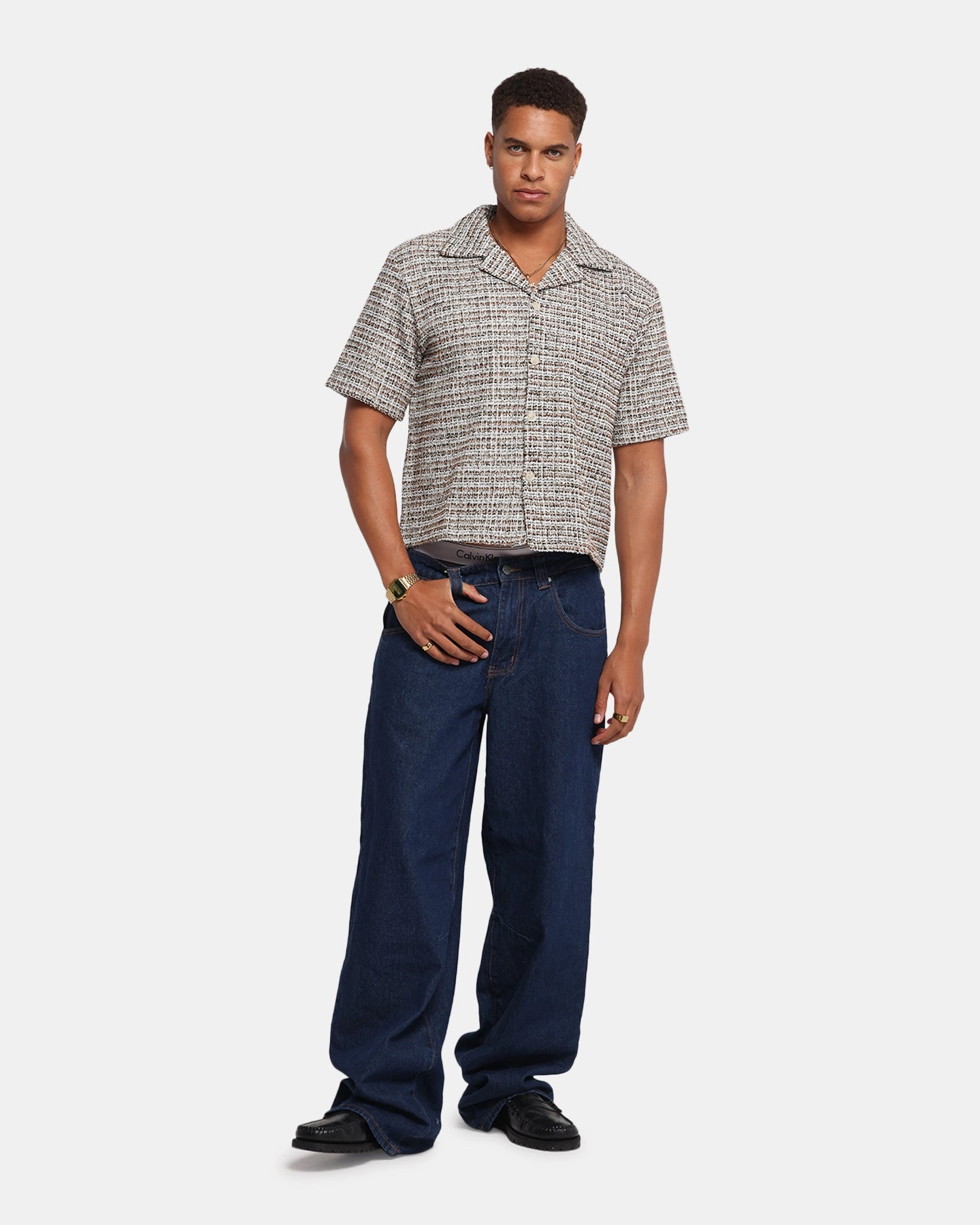 Contrast Stitching MeshPanelIntegration XXIII Boucle Tweed Crop Button Up Shirt Cream/Brown