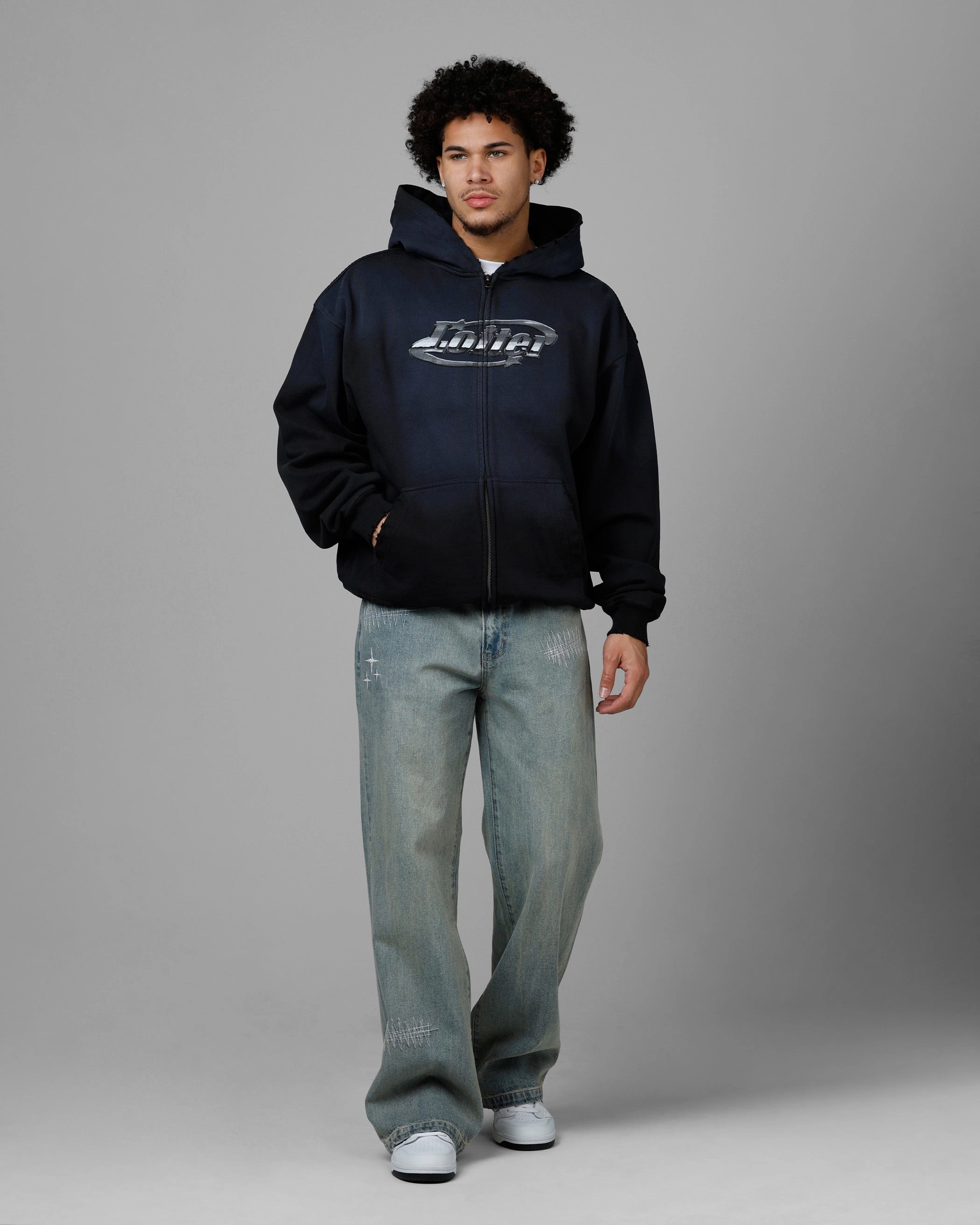 Colorfast Dye Method Loiter Chrome Logo Zip Hoodie Vintage Black