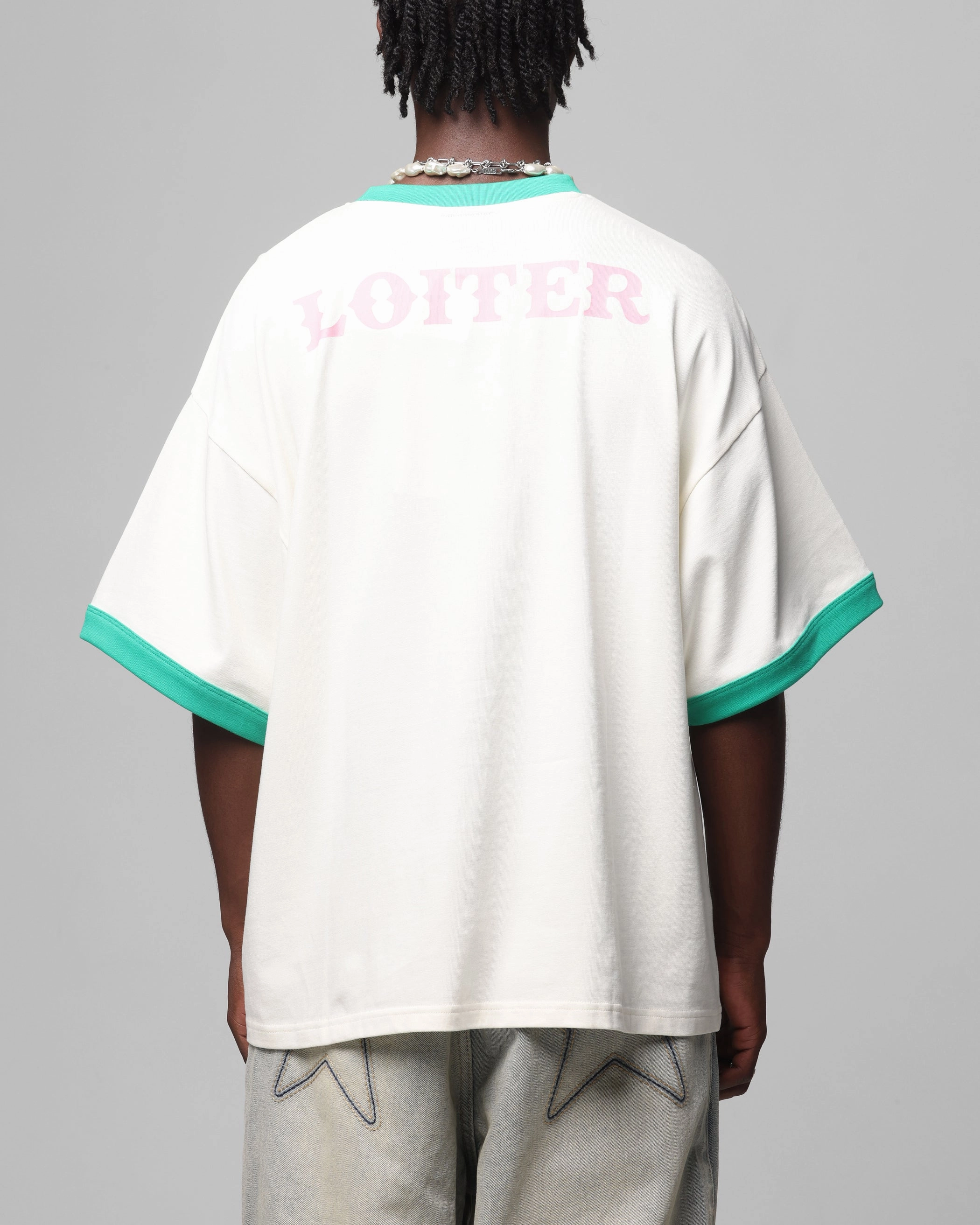 Loiter Western Front Ringer T-Shirt White/Green YarnDyed Stripes MinimalistDesign