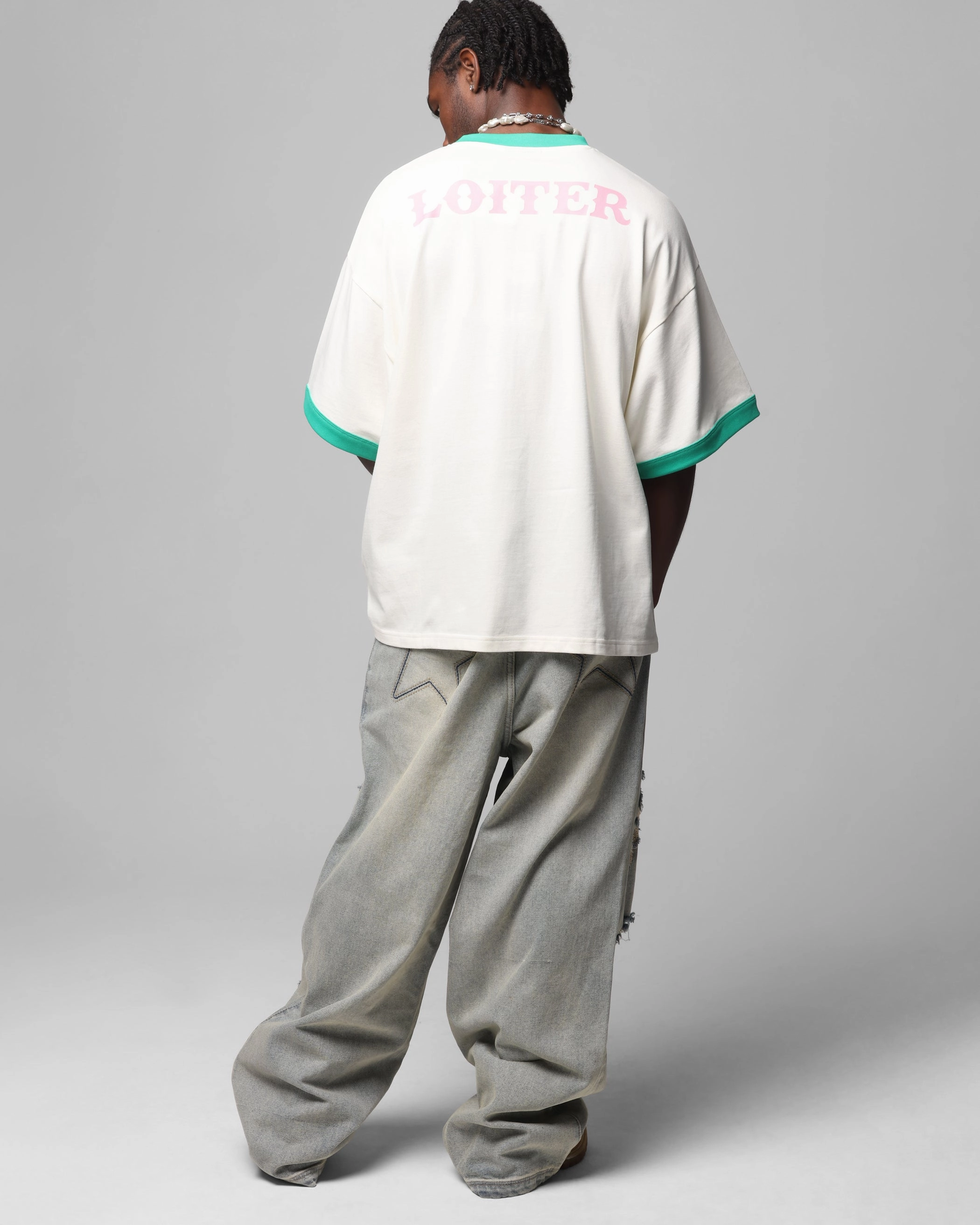 Anti Odor Finish Curved Hemline Loiter Western Front Ringer T-Shirt White/Green