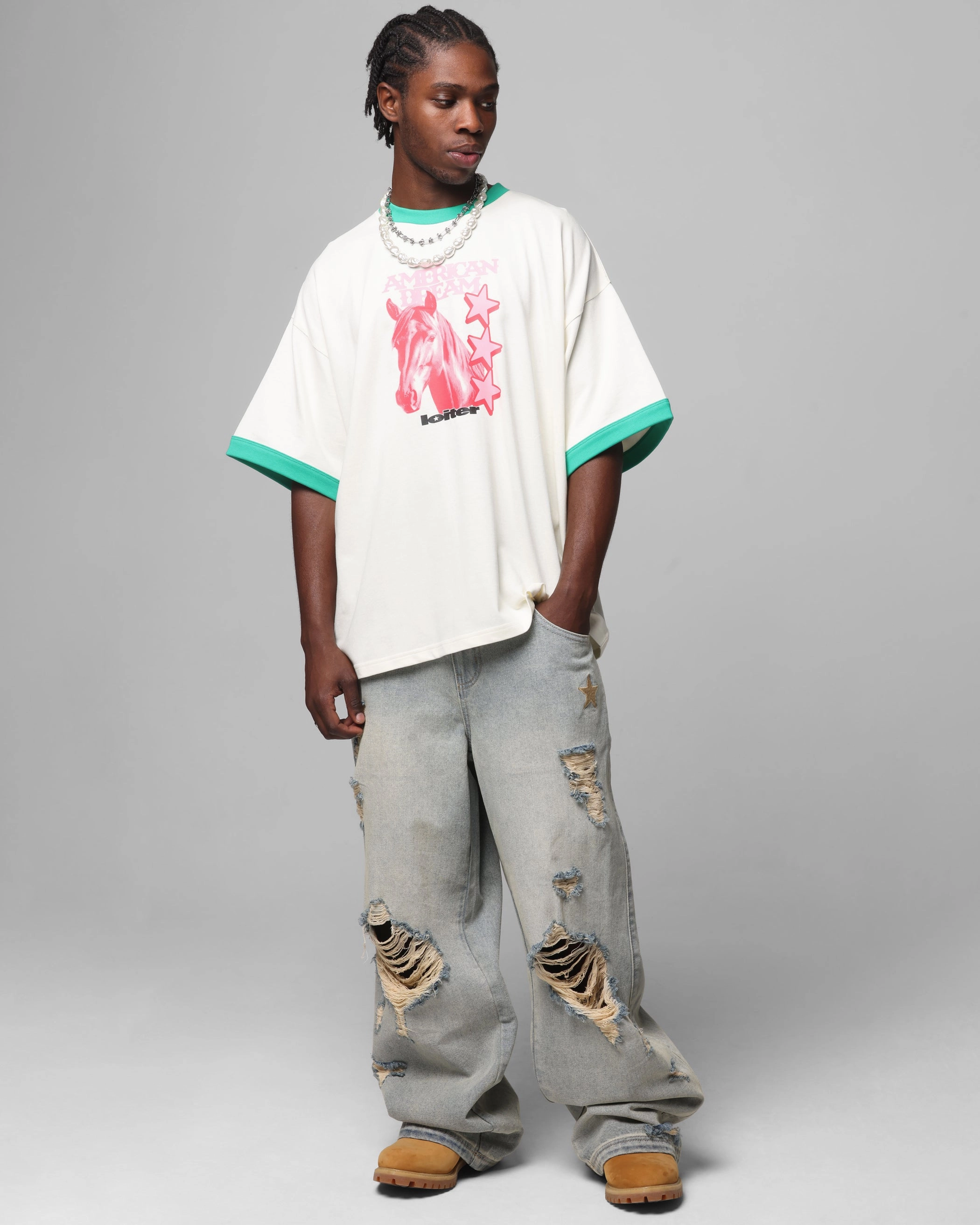 AntiPillingFinish PlushLining Loiter Western Front Ringer T-Shirt White/Green