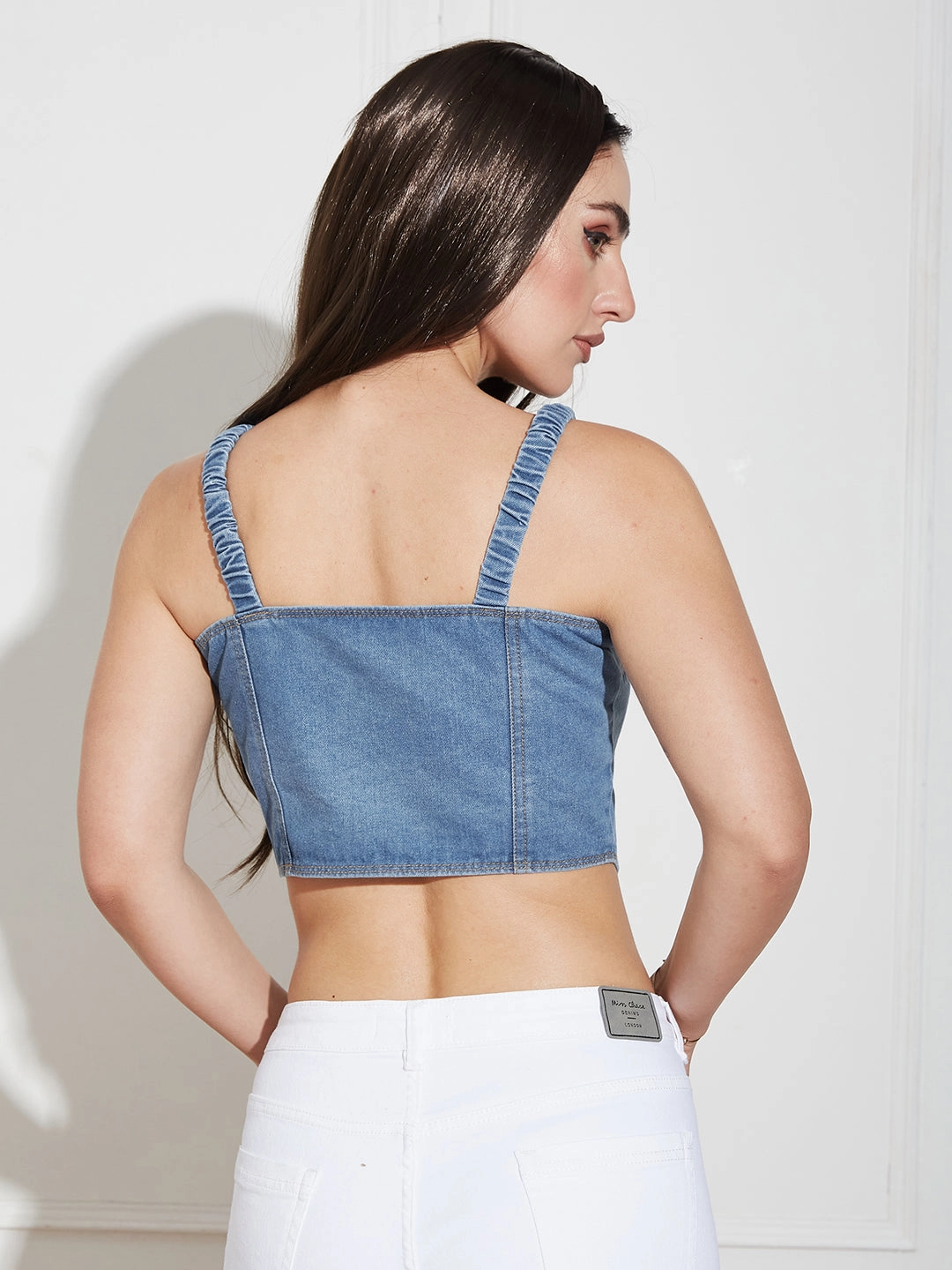 SheerLayering Women's Mid-Blue V-Neck Elasticated Straps Sleeve Solid Waistcoat-Styled Cropped Denim Top
