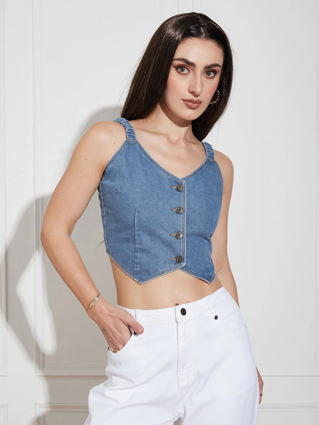 Fashionable Look Women's Mid-Blue V-Neck Elasticated Straps Sleeve Solid Waistcoat-Styled Cropped Denim Top