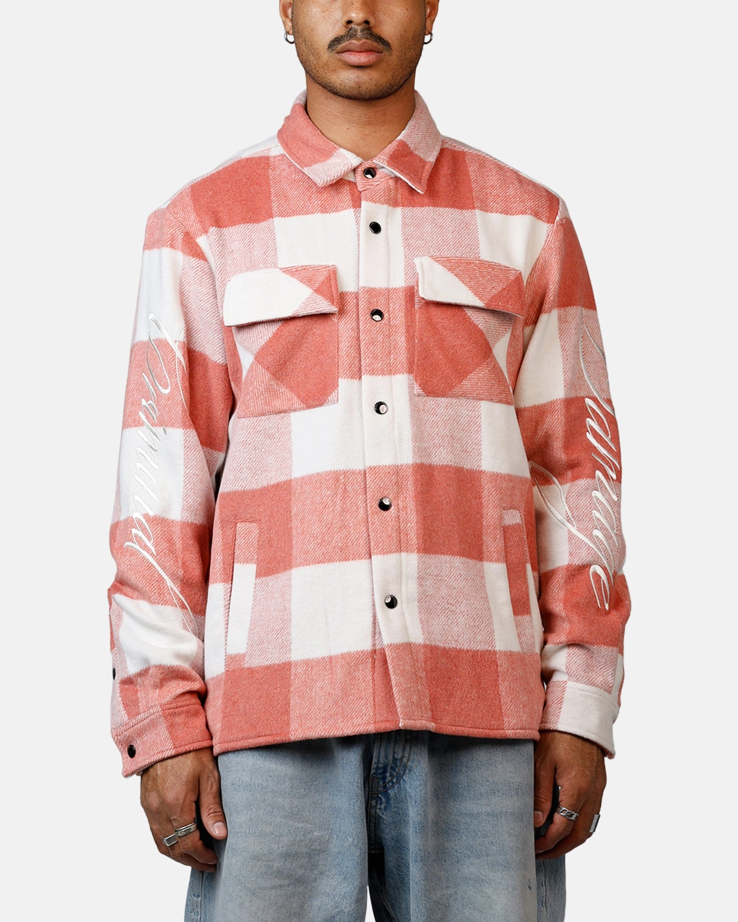 Criminal Damage Embroidered Flannel Shirt Pink Grid Back Panel Sustainable Material Blend