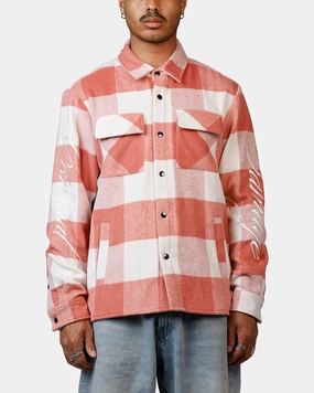Criminal Damage Embroidered Flannel Shirt Pink Grid Back Panel Sustainable Material Blend