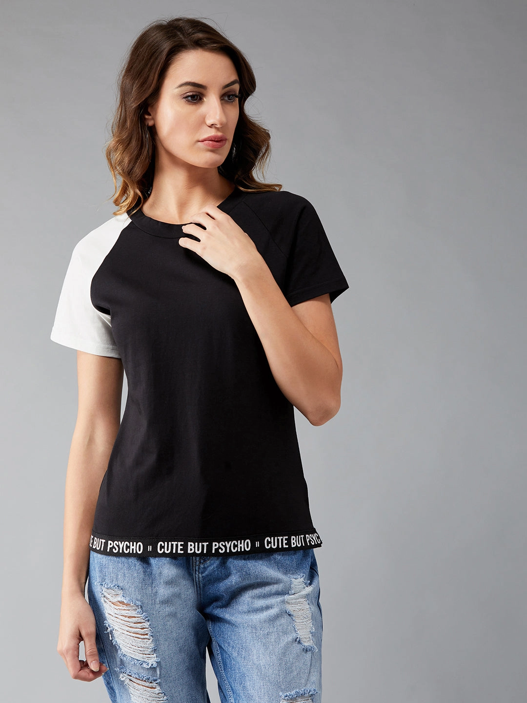 ContrastPlacket Adaptive Waistband Women's Black and White Round Neck Short Sleeve Solid Basic Regular T-Shirt