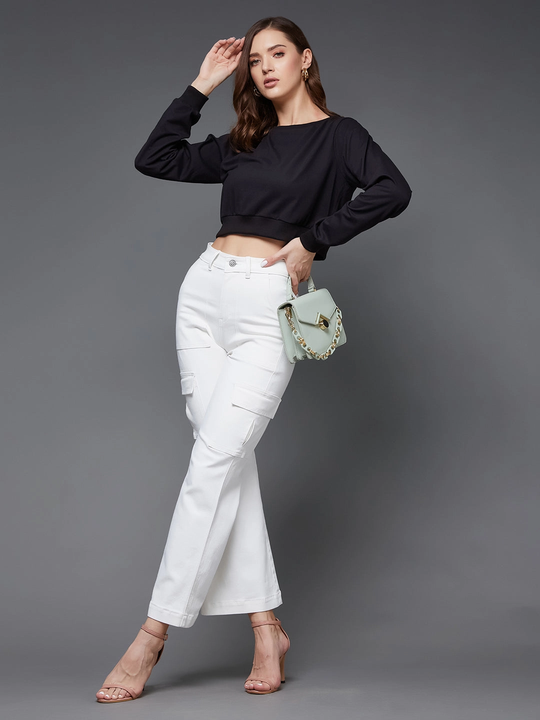 Women's Black Round Neck Full Sleeves Oversized Boxy Crop Top Petal Sleeve Architecture Formal Wear