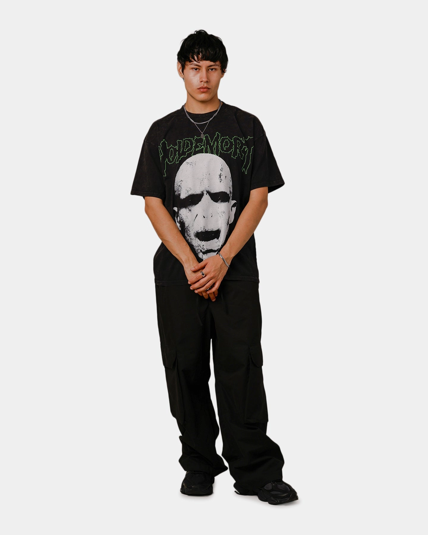 Elasticated Trim AdjustableCuffSystem Goat Crew X Harry Potter Lord Voldemort Vintage T-Shirt Black Acidwash