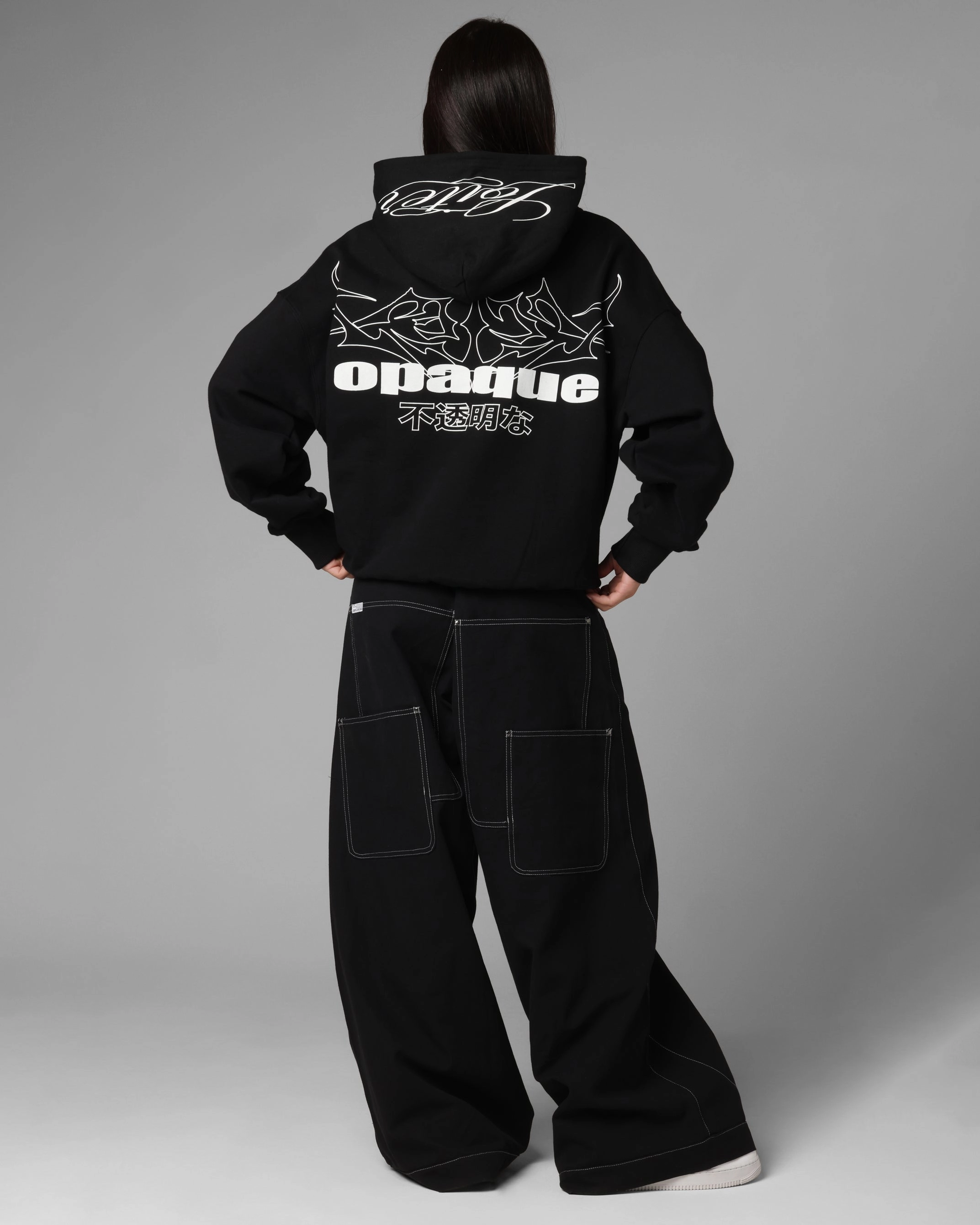 Layered Collar Structure Loiter Opaque Premium Hoodie Black