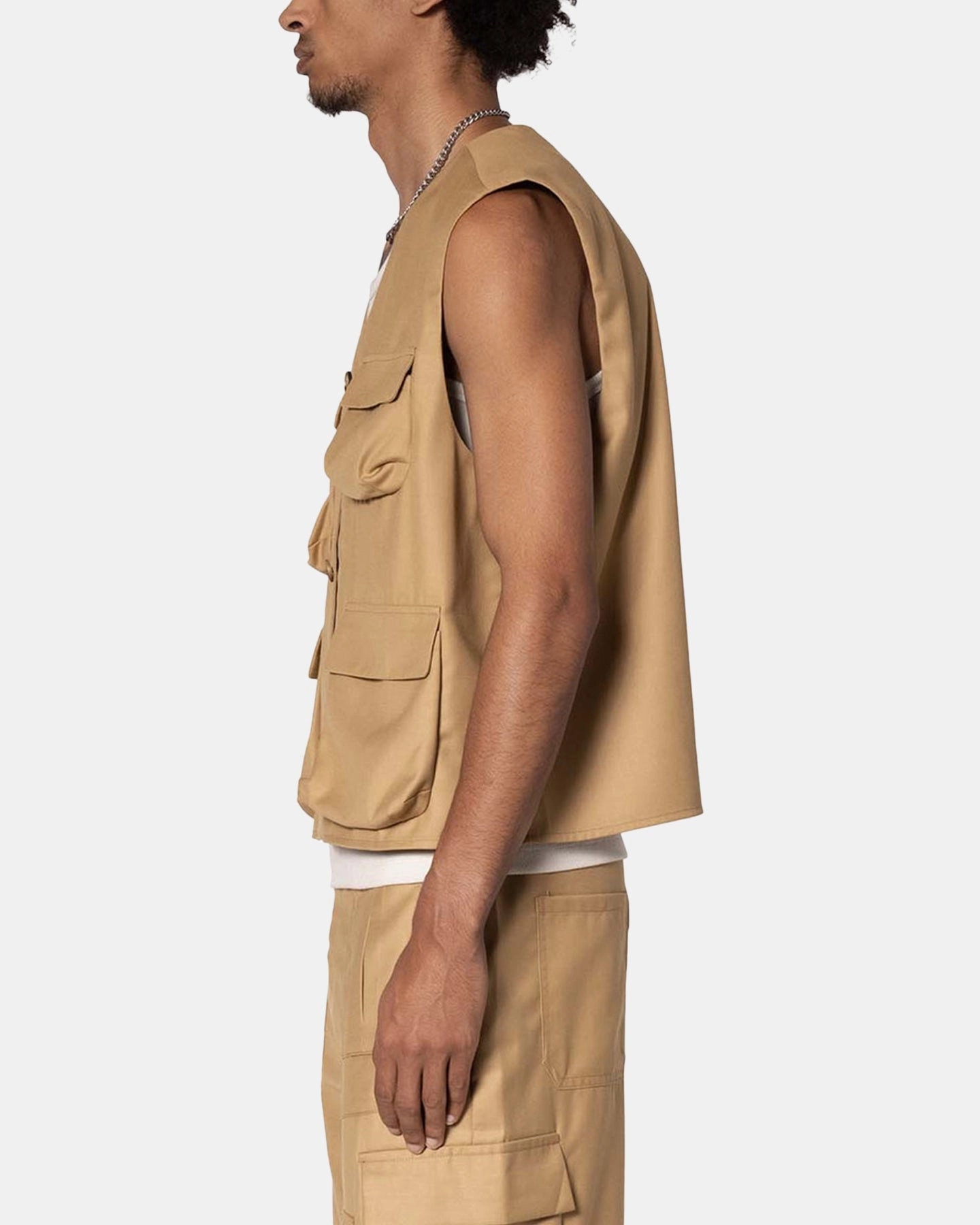 MNML Bounded Gabardine Vest Tan StretchMaterial Sustainable Production Certified