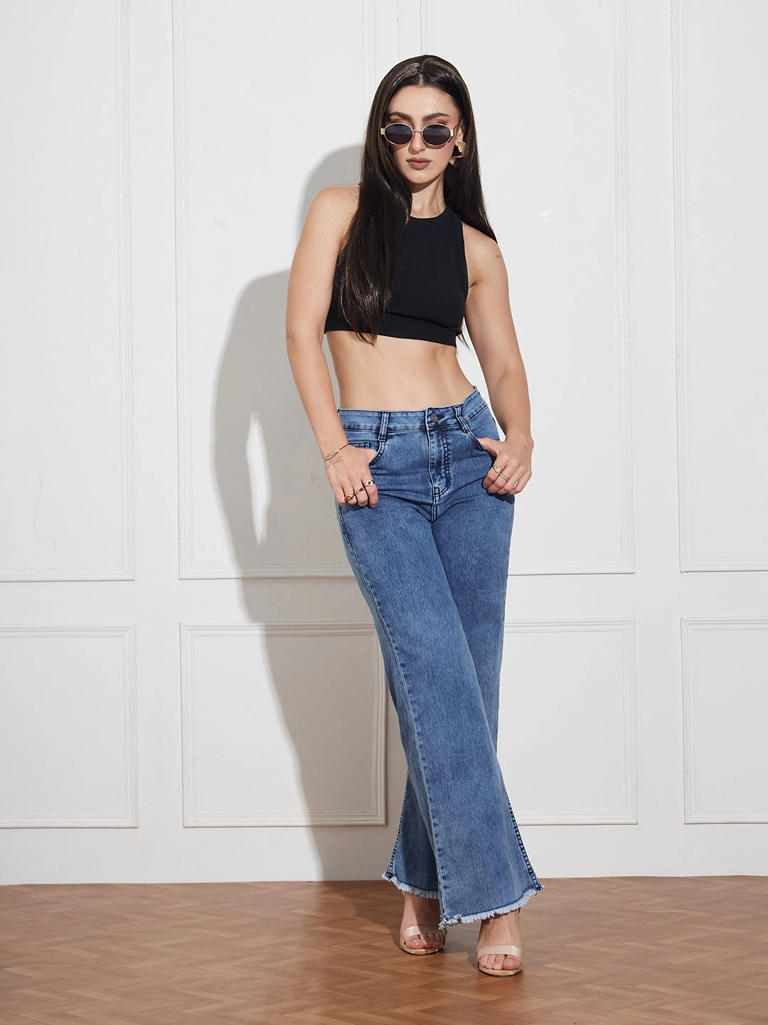 Women's Mid-Blue Wide-Leg High Rise Regular-Length Stretchable Denim Jeans Daily Style Chill Outfit Relaxed Style Earthy