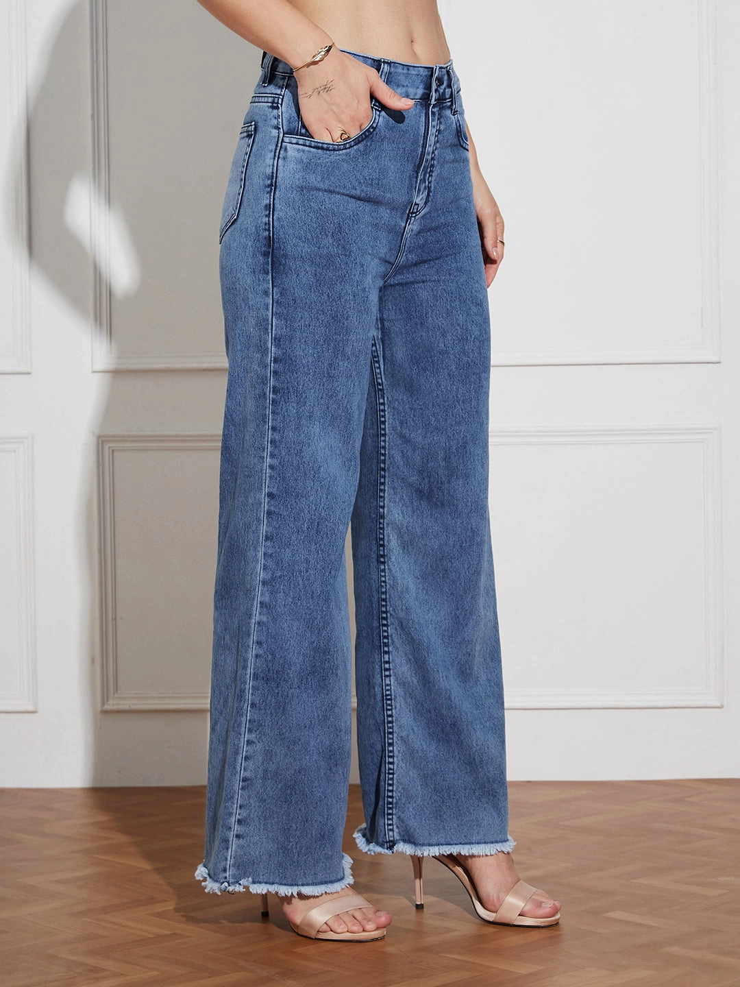 Neutral Casual Streetwear Fan Classic Autumn Days Adult Fashion Women's Mid-Blue Wide-Leg High Rise Regular-Length Stretchable Denim Jeans