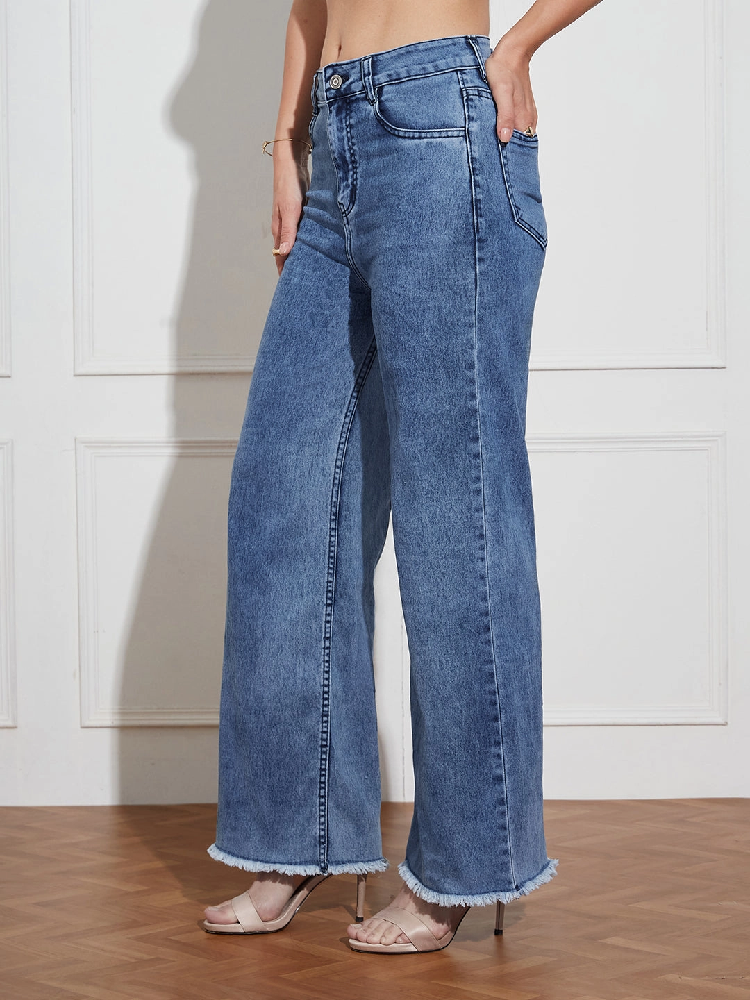 Women's Mid-Blue Wide-Leg High Rise Regular-Length Stretchable Denim Jeans Year Round