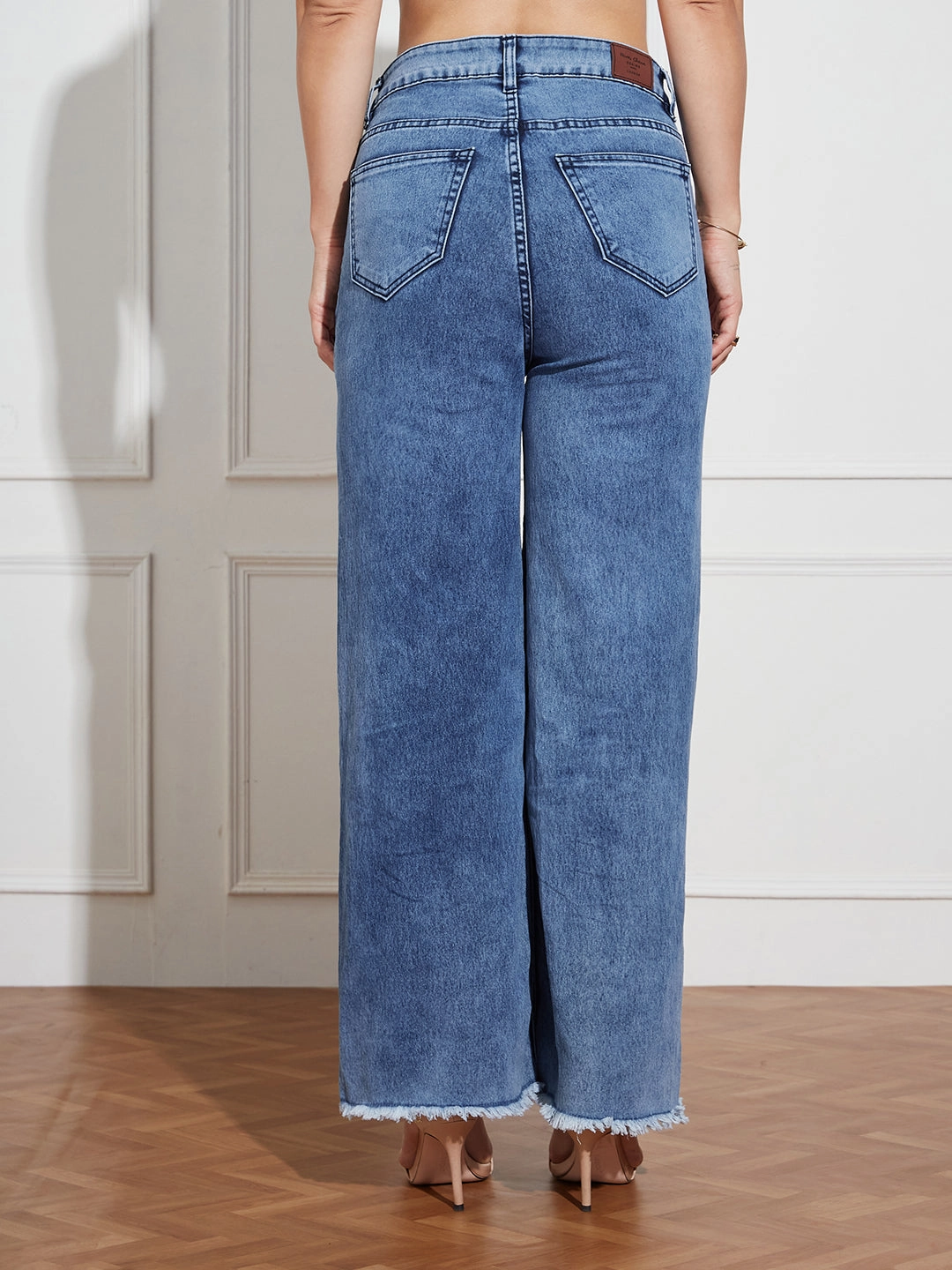 Loose Spring Mood Women's Mid-Blue Wide-Leg High Rise Regular-Length Stretchable Denim Jeans