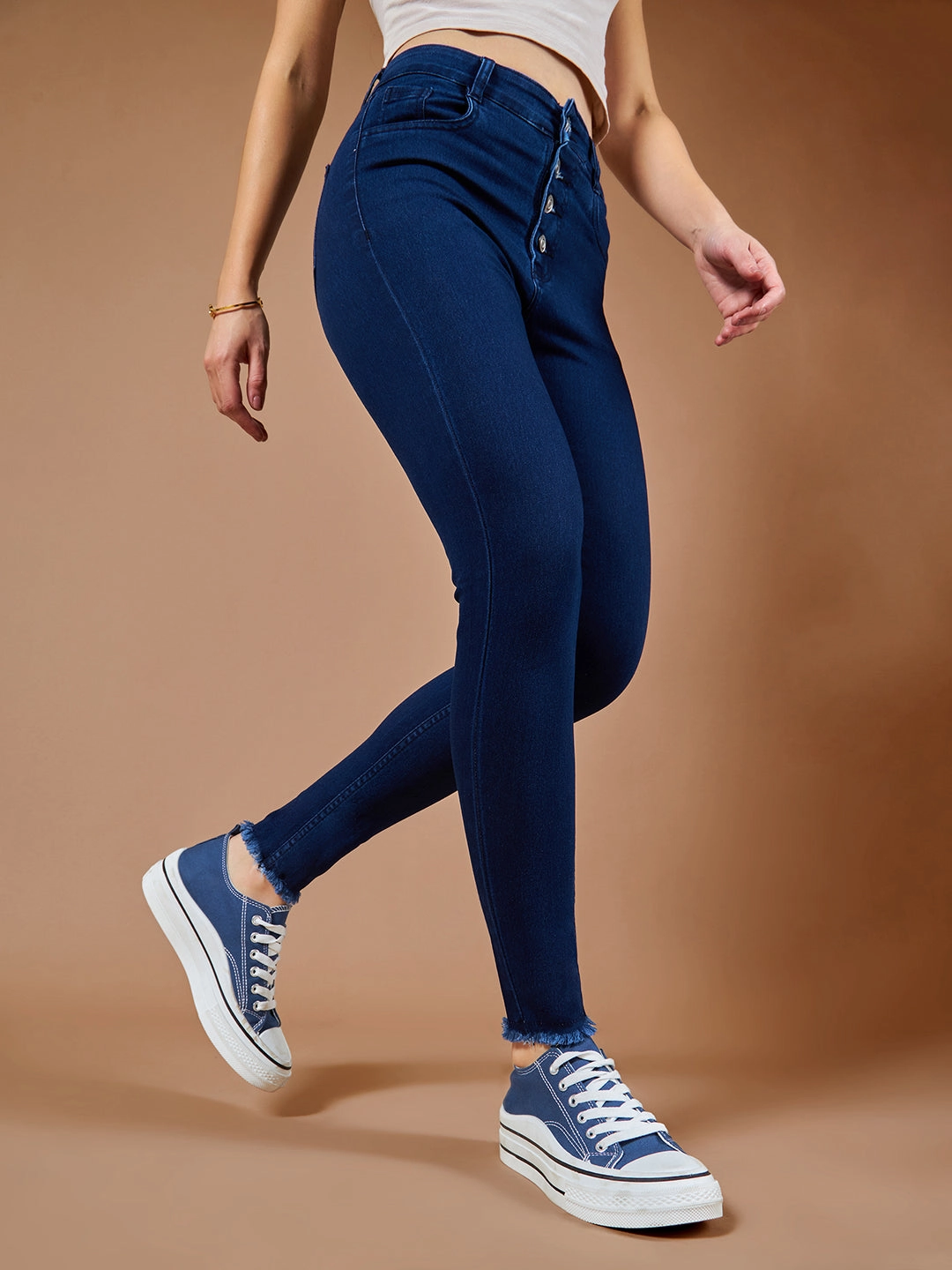 Match With All 24/7 Comfort Navy-Blue Skinny High-Rise Fringed Hemline Cropped Stretchable Denim Jeans