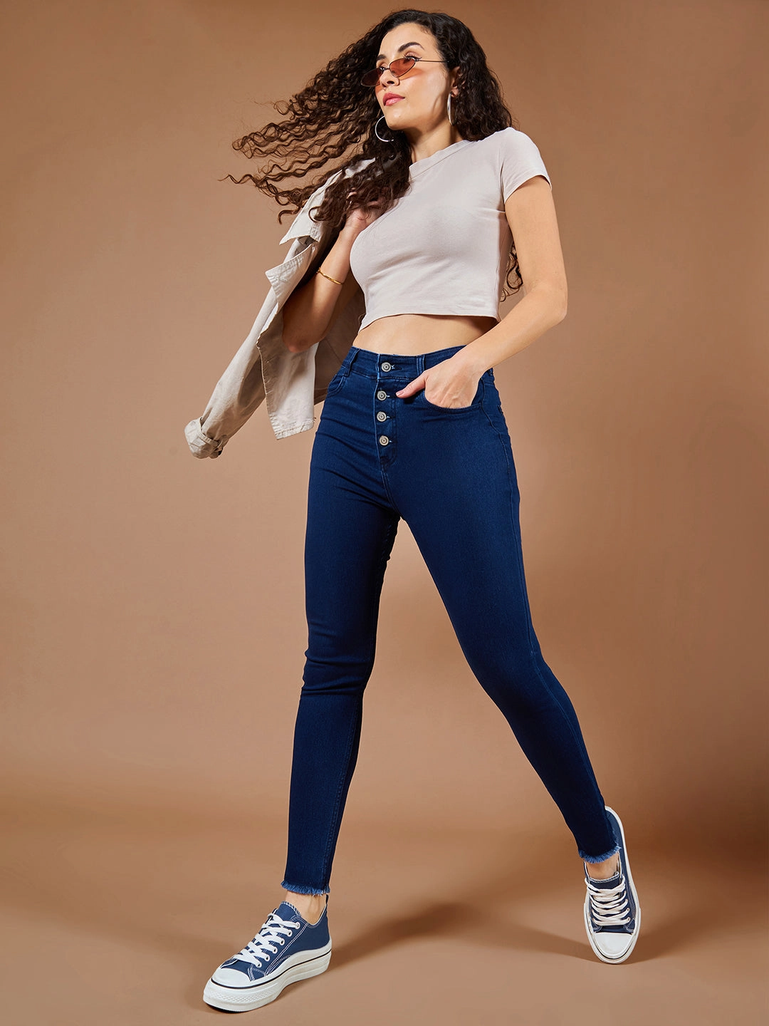 Rainy Day High Quality 24/7 Comfort Navy-Blue Skinny High-Rise Fringed Hemline Cropped Stretchable Denim Jeans