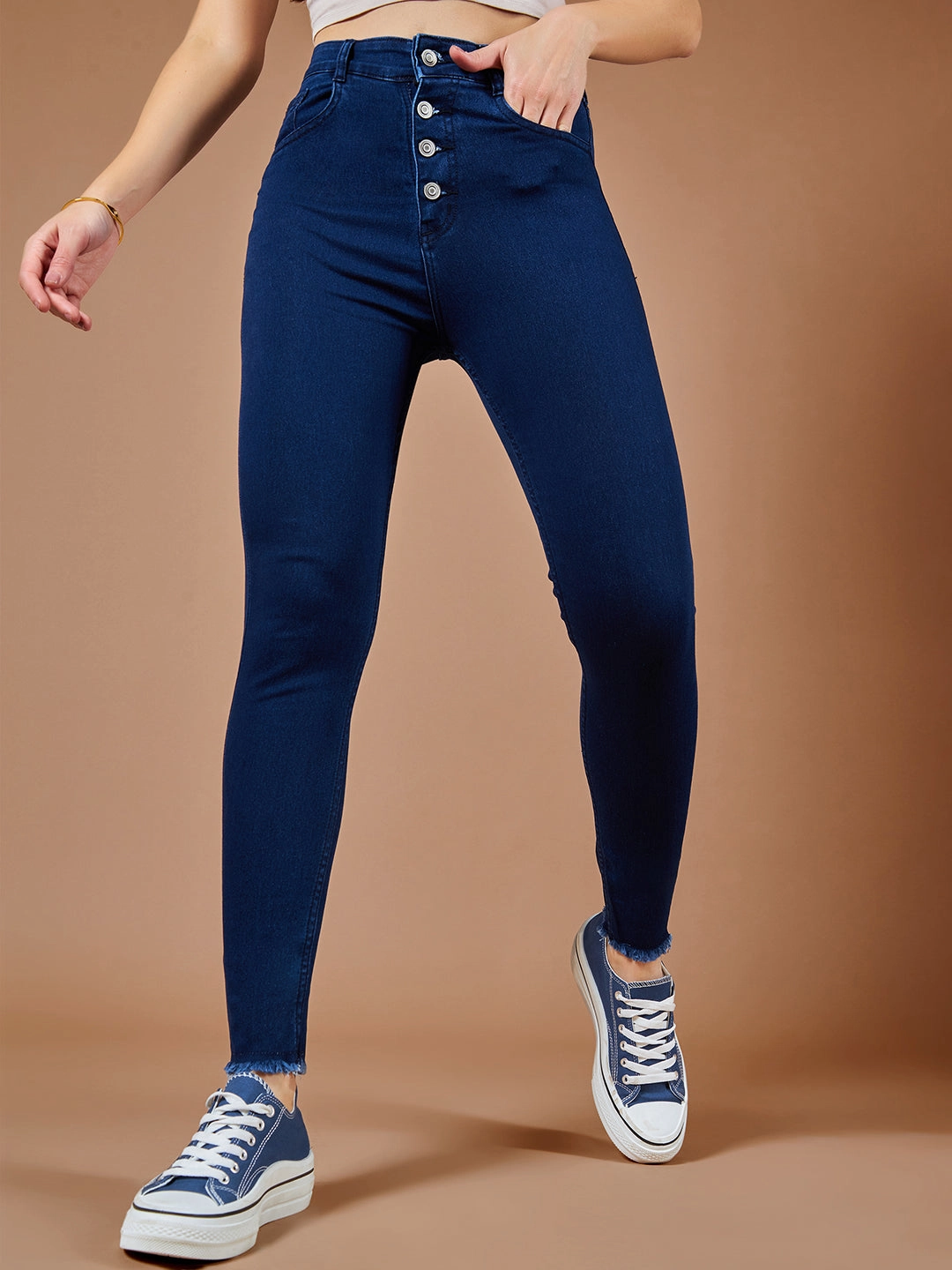 24/7 Comfort Navy-Blue Skinny High-Rise Fringed Hemline Cropped Stretchable Denim Jeans Contemporary Style Fashion Daily