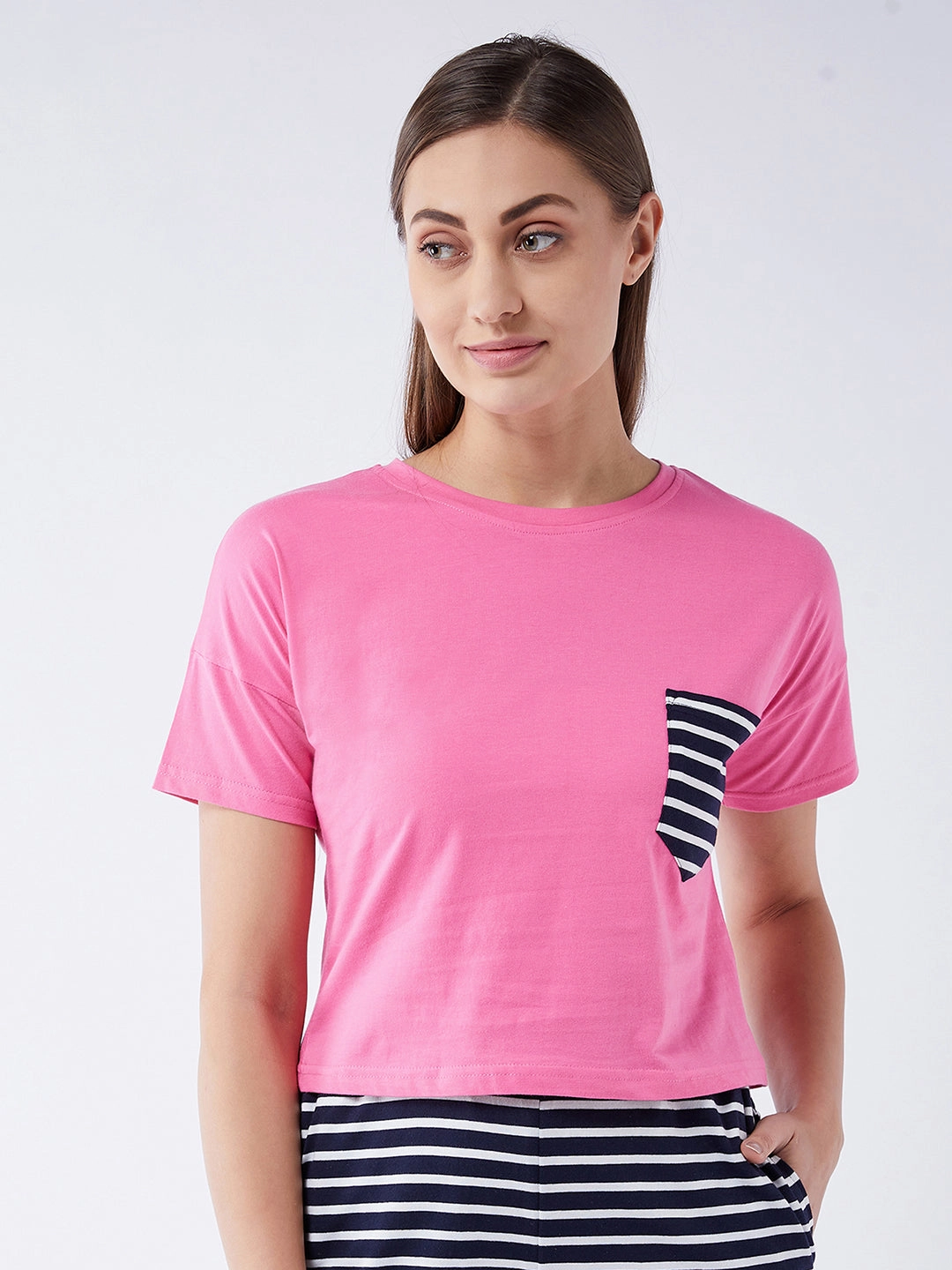 ZeroWaste Construction YarnDyedFabric Women's Pink Round Neck Short Sleeve Solid Crop Length T-shirt