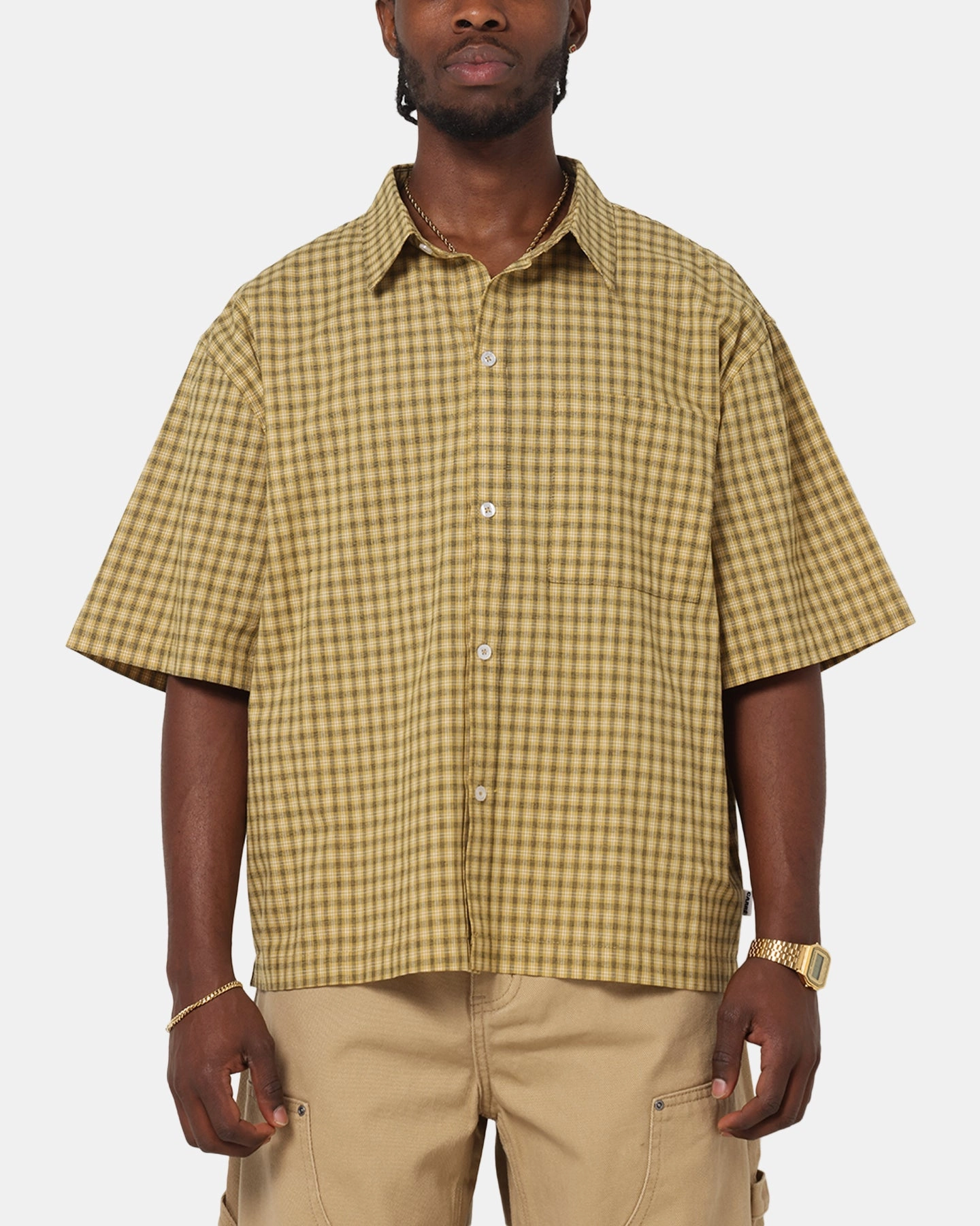 Bold Design Carre Checkered Boxy Button Up Shirt Yellow Check