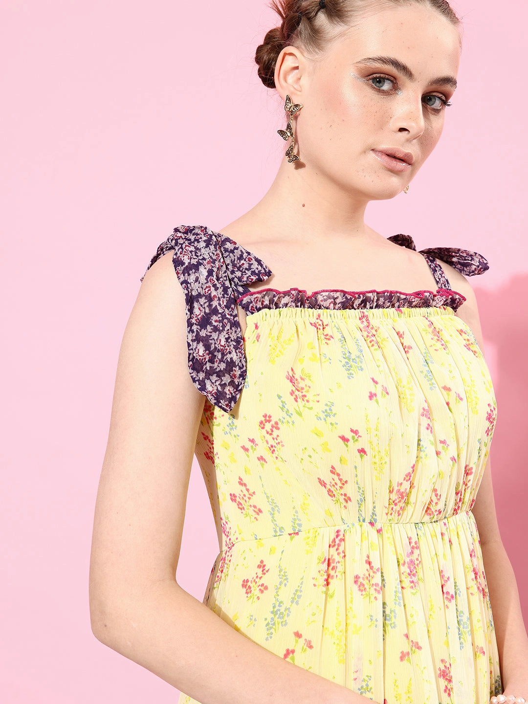 Women's Multicolored Square Neck Shoulder Strap Tie-Up Floral Patterned Tiered Maxi Chiffon Dress UVProtectiveLayer