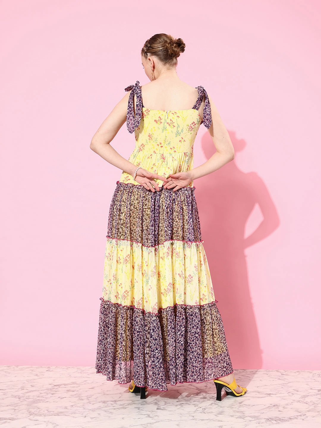 Women's Multicolored Square Neck Shoulder Strap Tie-Up Floral Patterned Tiered Maxi Chiffon Dress Flap-Detail All Layer