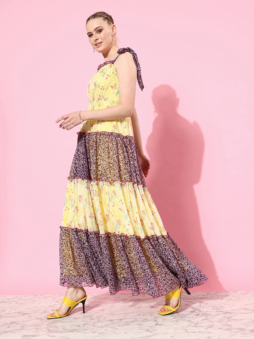 Walk Easy Cinched-Waist Women's Multicolored Square Neck Shoulder Strap Tie-Up Floral Patterned Tiered Maxi Chiffon Dress