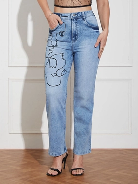 Hand Painted Denims: Minimalist Face Line Art Mom-Fit Jeans Streetwear Fan Family Style Classic Office Wear