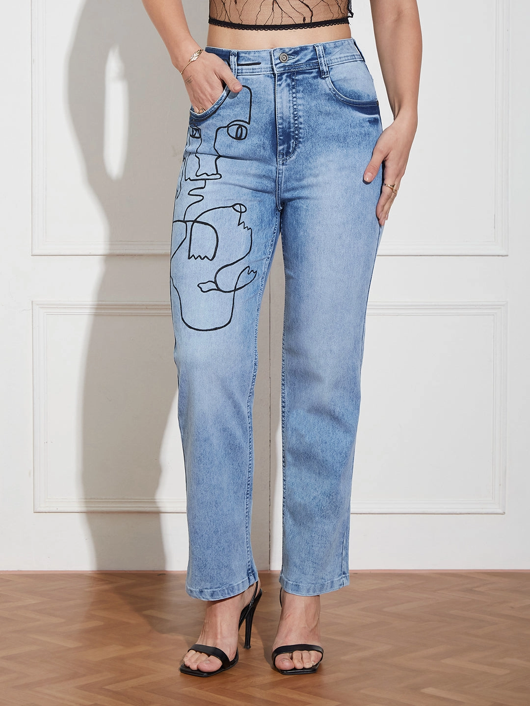 Hand Painted Denims: Minimalist Face Line Art Mom-Fit Jeans Streetwear Fan Family Style Classic Office Wear