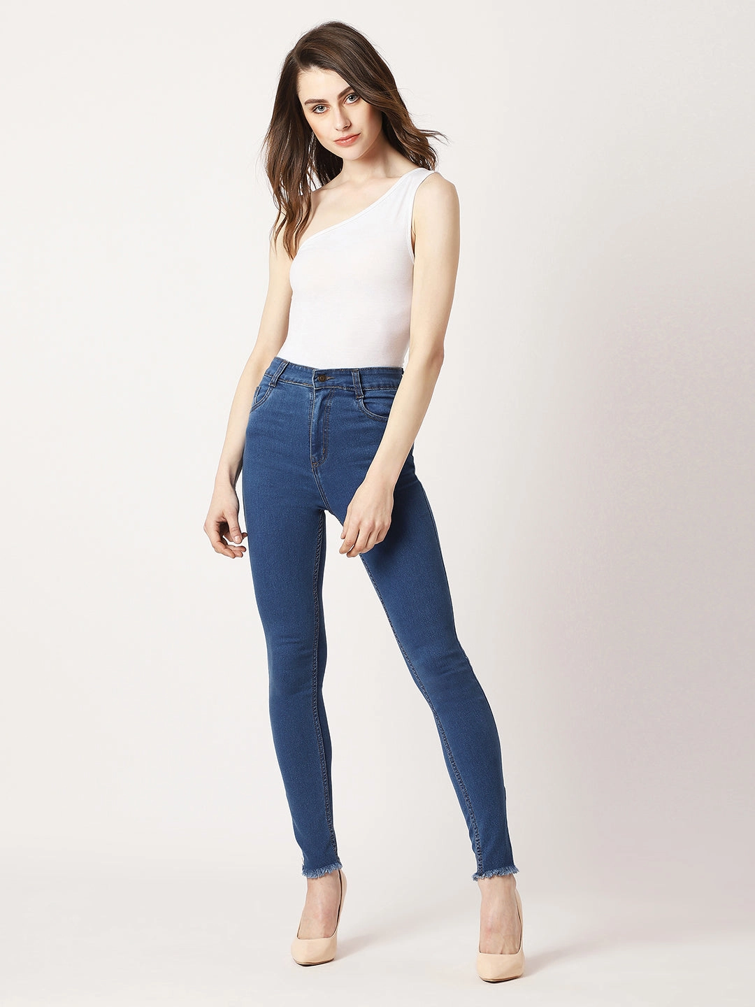 Festival Outfit Affordable Sunny Vibes Mid Rise Women's Blue Skinny High-Rise Clean-Look Fringe And Side Zipper Detailing Cropped Denim Jeans