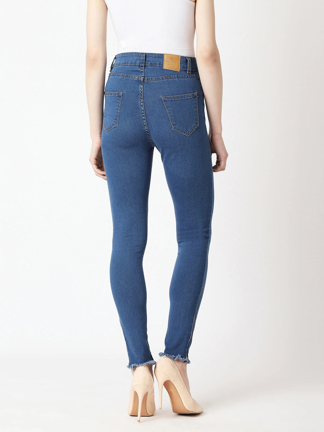 Style Appropriate Style Simplicity Women's Blue Skinny High-Rise Clean-Look Fringe And Side Zipper Detailing Cropped Denim Jeans