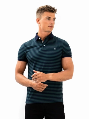 Layered Sleeve Cuffs Active Design Stripe Polo Shirt - Teal Blue